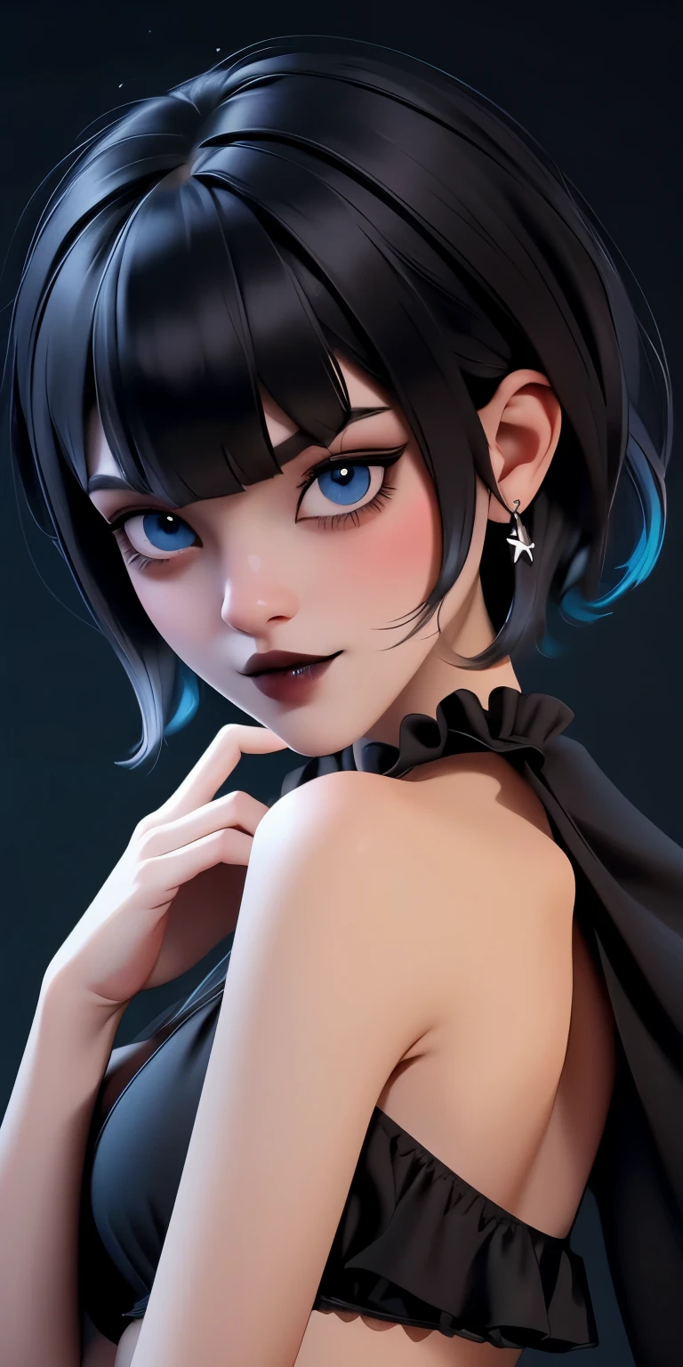 (best quality:1.4),(shiny skin), body focus, (cute face), (((best quality))), illustration, ((Beautiful Finger)), , Beautiful body, Beautiful character design, ,perfect lighting, Colorful, Bright_Front_face_Lighting, ultra high res, highres, absurdres:1.2, bokeh:1.2, lens flare, (vibrant_color:1.2), (thick thighs:1.1), THICK, Black hair with bangs, pale skin, large round blue eyes, black eyeliner, black lipstick, neutral expression, ruffled bikini