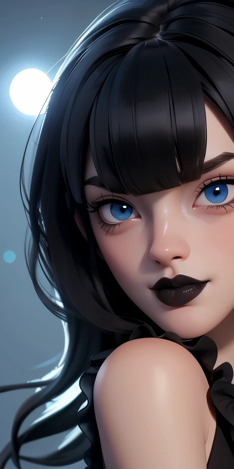 (best quality:1.4),(shiny skin), body focus, (cute face), (((best quality))), illustration, ((Beautiful Finger)), , Beautiful body, Beautiful character design, ,perfect lighting, Colorful, Bright_Front_face_Lighting, ultra high res, highres, absurdres:1.2, bokeh:1.2, lens flare, (vibrant_color:1.2), (thick thighs:1.1), THICK, Black hair with bangs, pale skin, large round blue eyes, black eyeliner, black lipstick, neutral expression, ruffled bikini