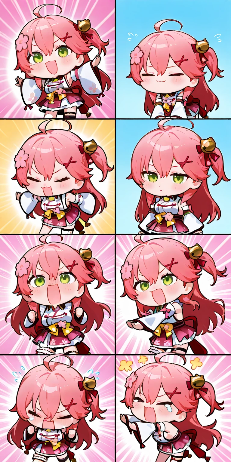 (solo:1.3),1girl\(Sakura Miko\(hololive,vtuber\) ,Mikochi,pink hair,ahoge,green eyes,hair bell,hair ornament,x hair ornament,hair bell,long hair,one side up,floral print,detached sleeves,paw print,paw print pattern,cherry blossom print,sideboob,nontraditional miko, frills, single thighhigh, bridal garter,crying hard,cute,kawaii,(chibi:1.3),happy,mad,mouth open,cute pose, throw (tantrum:1.3),(fussy,cranky),noisy, detailed pupils,restless\),(pop symbols:1.3) (cute background), (comical), (funny, comedy),angled. BREAK .masterpiece, high score, great score, very aesthetic, high resolution, ultra-detailed, absurdres, newest,(sfw:1.5),(sfw:1.5)