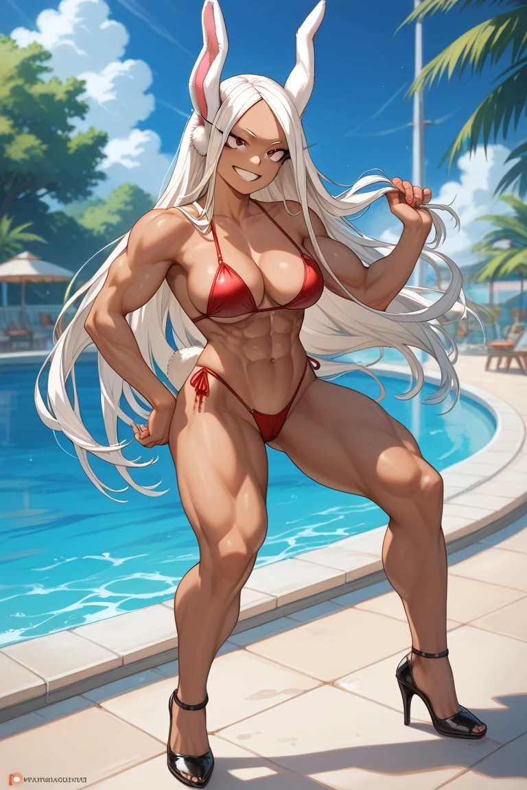 (((1  girl))), when he plows, (Red eyes: 1.5), by rubio, (blond hair), by the wide, conical bun, hair ornament, hair shots, He drowned, Stripe, blue bow tie, (tight short bikini, white thighs), has, (muscular belly), muscular abs, (muscular abs perfectos), Wide hips, Thin waist, small breastosing sexy))), wear black heels, (((standing)) ), {{{Full body photo}}}, blushing, embarrassed, ashamed, REST looking at the viewer , breaking and entering, pool, interval (masterpiece: 1.2), Best Quality, highest resolution, unity wallpaper 8k, (illustration: 0.8), (beautiful detailed eyes: 1, 6), extremely detailed face, perfect lighting, Extremely detailed CG, (perfect red nails, perfect anatomy), {anatomically correct}