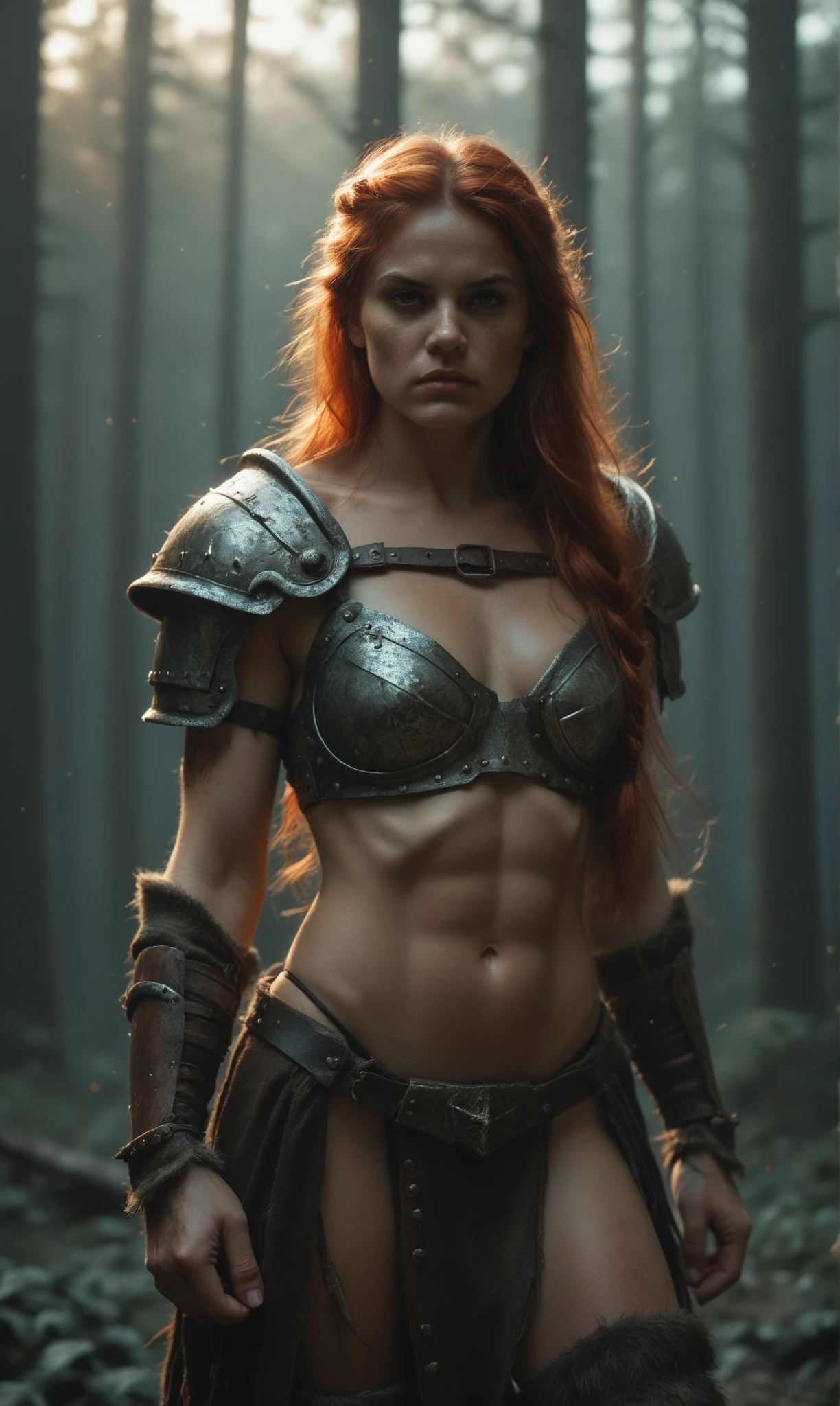 ((high resolution)), ((pale skin)), freckled, redhead ((19 year old)) girl, ((tiny breasts)), six pack abs, thin body, long wavy hair, as a fantasy warrior, sexy armor