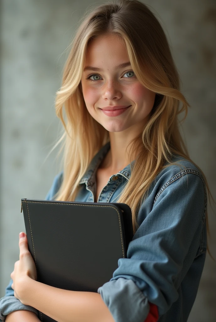 A girl with a smiling face, blue eyes, and blonde hair wearing an office suit and holding a book showing its cover page for promotion in a specific place for book promotion
