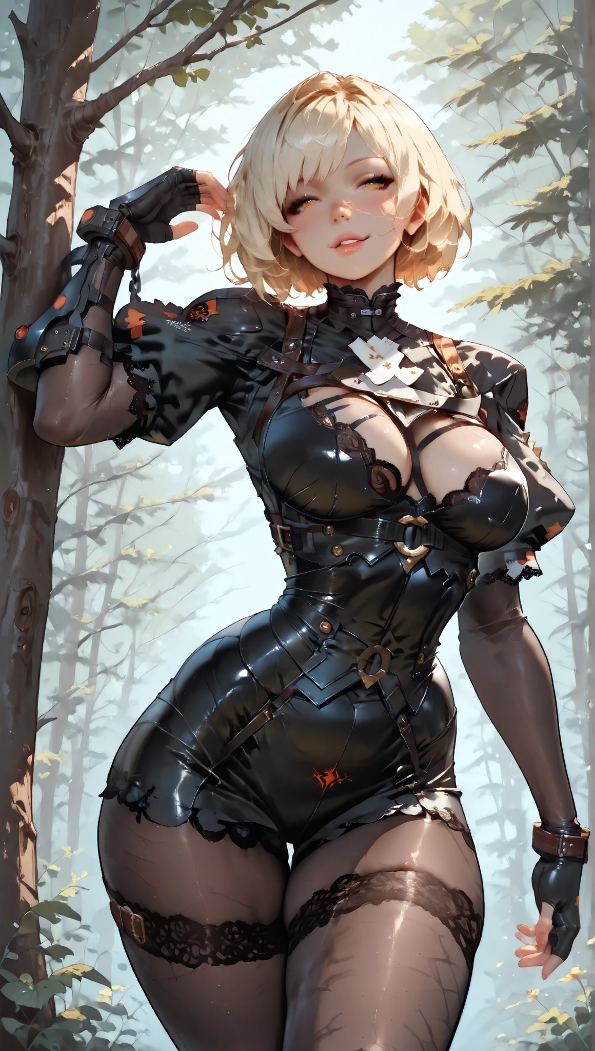(La Best Quality,A high resolution,Ultra - detailed,actual),2b nier automata,perfect hands,perfect fingers), (large boobs:1.2,smile),(mature female:1.4),(gloves :1.4), cowboy shot,Thicc,cleavage, (blindfolded:1.4), (patch :1.4) 
2b, short hair,(skirt lifted by itself: 1.1), (skirt lift: 1.3), (showing white panties: 1.3), ((gradient hair)), (mascara) , (fashion make up), parted lips, Hair band, thighhighs, black Hair band, mole under mouth, puffy sleeves, long sleeves, blindfold, black thighhighs, black blindfold, juliet sleeves, thighs, leotard, boots, feather-trimmed sleeves
((park, fountain, leaves in the air, wall, Autumn, trees)),((super detailed background)), Dynamic poses, ((8K wallpaper)),,(Ruined dungeon ruins background piedras grandes cueva caverna :1.4 ),(2b nier automata:1.4), (2b nier automata V2.1), (detailed perfect anatomy :1.4), (cinematic lighting :1.4), (bright colors), ,(Ruined dungeon ruins background:1.4 ), More detailed 8K.unreal engine:1.4,UHD,La Best Quality:1.4, photorealistic:1.4, skin texture:1.4, masterpiece:1.8,first work, Best Quality,object object], (detailed face features:1.3),(The correct proportions),  (cowboy pose)