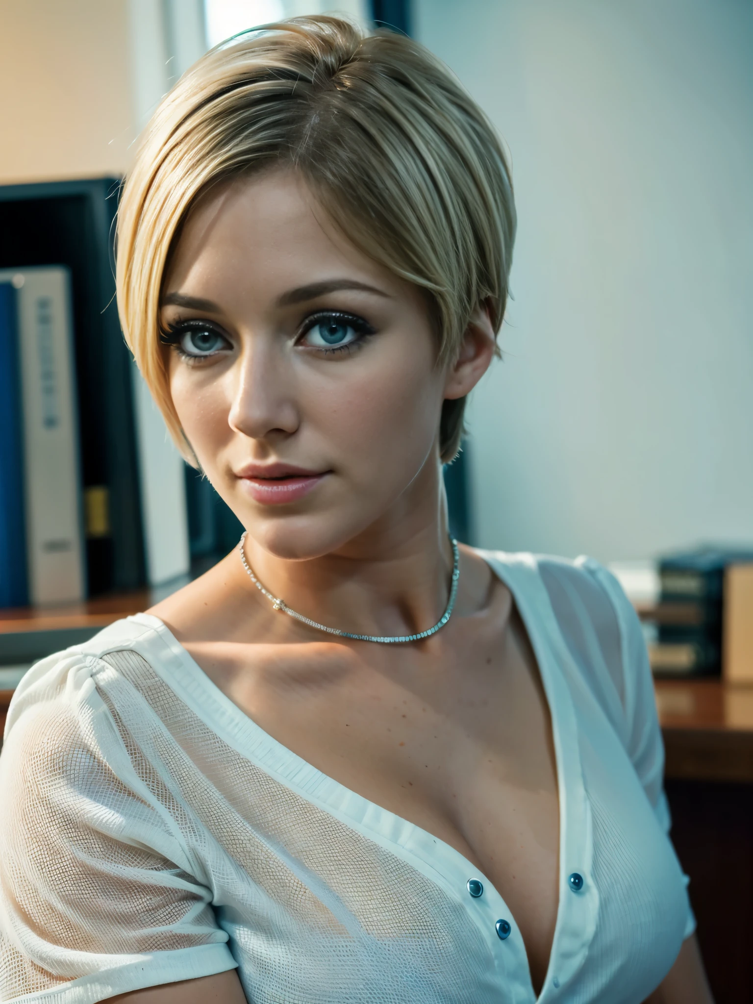 photo of a stunning beautiful woman, perfect fit body, big blue eyes, blonde hair, very detailed, innocent face, high resolution, masterpiece, best quality, intricate details, highly detailed, sharp focus, detailed skin, realistic skin texture, texture, detailed eyes, professional, 4k, 85mm, shallow depth of field, kodak vision color, perfect fit body, extremely detailed, foto_\(ultra\), photorealistic, realistic, post-processing, maximum detail, roughness, real life, ultra realistic, photorealism, photography, 8k uhd, photography, realistic face skin, seductive look, she is wearing a blouse and long business trousers, (((short hair:1.3))), sfw, glasses, huge cleavage, indoor, office, jewelry, cuffs, bracelet, rings, dia.zerva