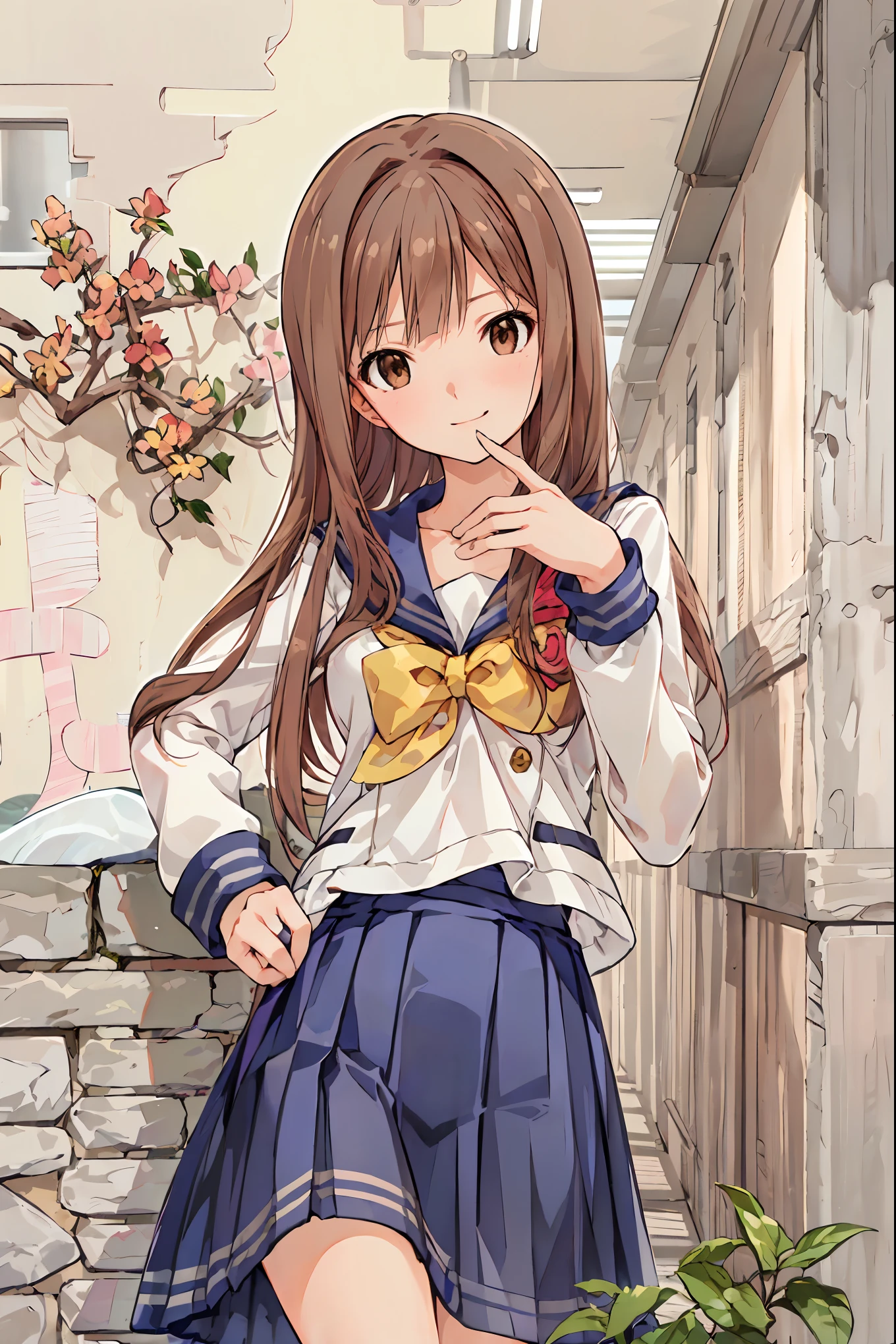 masterpiece, top quality, 非常に DetailsなCG Unity 8K壁紙 , Ultra-realistic 8k CG, perfect artwork , Perfect Female Body Type, Dramatic shadows , ( spotlight, viewer , Details light , ((( in the seat))), (( SHARP FACE )), (( brown hair, wave hair)), ((( sexy pose with skirt on top ))), model body type , I can see my belly button, big breast , (( cute face)), ( smiles gently: 1.2), ( An asymmetrical hairstyle that grabs the chest , beautiful eyelashes ), Beautiful appearance , ( beautiful bust line:1.2), (Chest), beautiful girl, beautiful facial features representing a perfect face, cold, Natural beauty , sweated, slender body, Light and beautiful thigh expression , high school girl, high school uniforms , Show me a sailor suit , pleated skirt , loose socks, in front of a wall full of graffiti , night , ((( Lean against the Wall , standing))), Award-winning photo , Details, realistic light and shadow , 8k resolution, professional lighting , ( Shiny Skin:0.9), Perfect Hands,