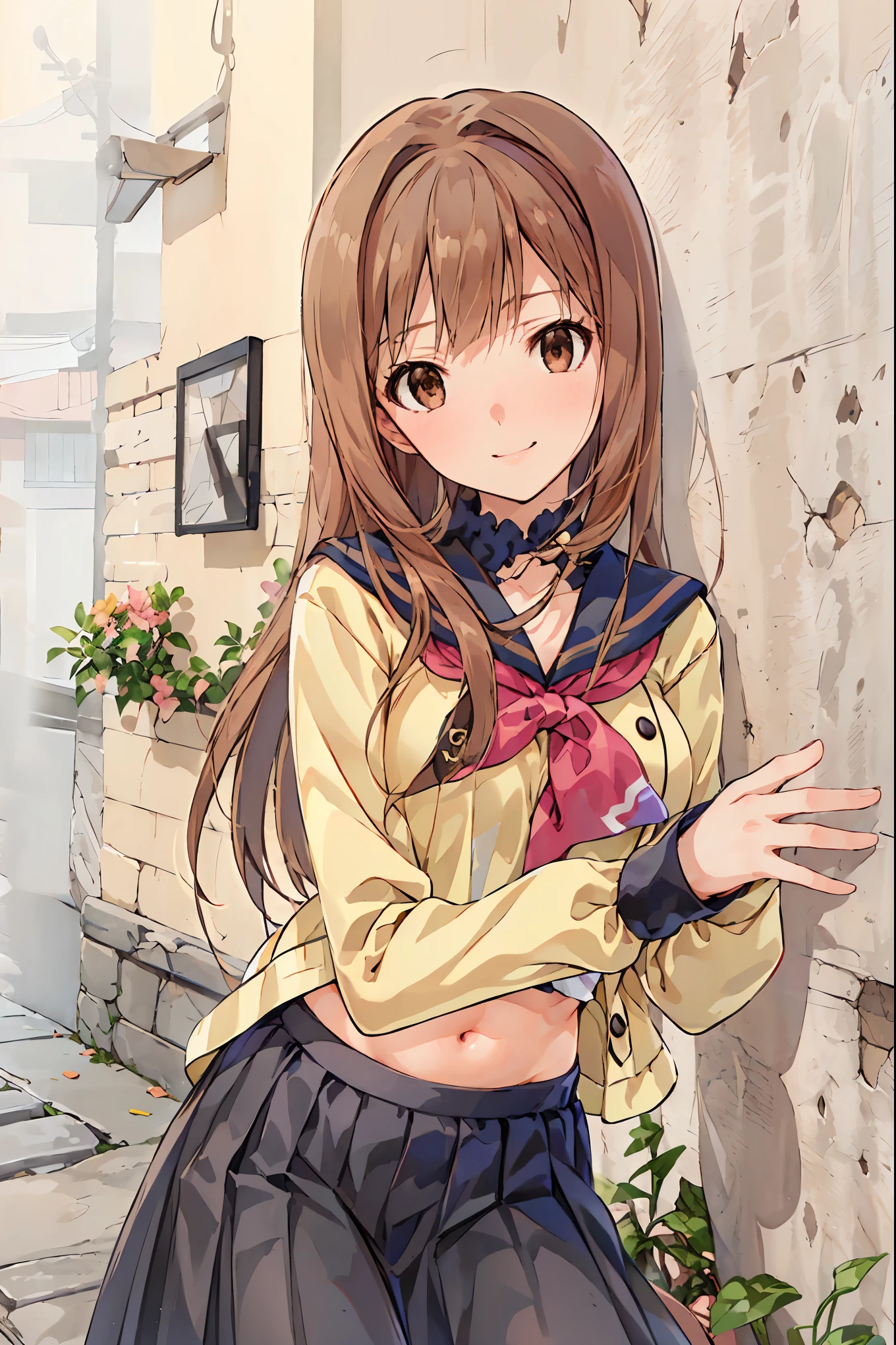 masterpiece, Top Quality, 非常に DetailsなCG Unity 8K壁紙 , Ultra-realistic 8k CG, perfect artwork , Perfect Female Body Type, Dramatic shadows , ( spotlight, viewer , Details light , ((( in the seat))), (( SHARP FACE )), (( brown hair, wave hair)), ((( sexy pose with skirt on top ))), model body type , I can see my belly button, big breast , (( cute face)), ( smiles gently: 1.2), ( An asymmetrical hairstyle that grabs the chest , beautiful eyelashes ), Beautiful appearance , ( beautiful bust line:1.2), (Chest), beautiful girl, beautiful facial features representing a perfect face, cold, Natural beauty , sweated, slender body, Light and beautiful thigh expression , high school girl, high school uniforms , Show me a sailor suit , pleated skirt , loose socks, in front of a wall full of graffiti , night , ((( Lean against the Wall , standing))), Award-winning photo , Details, realistic light and shadow , 8k resolution, professional lighting , ( Shiny Skin:0.9), Perfect Hands,