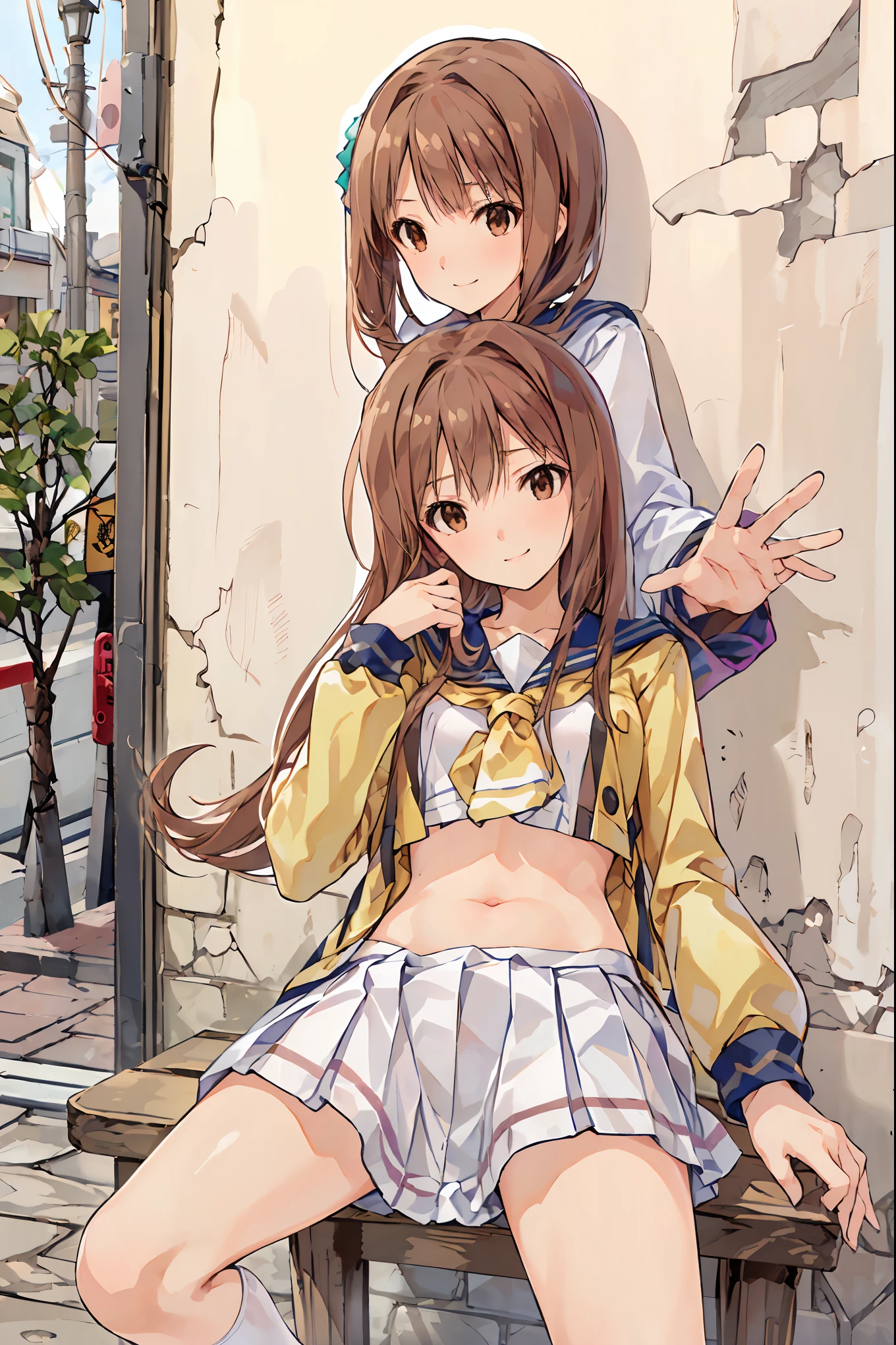 masterpiece, Top Quality, 非常に DetailsなCG Unity 8K壁紙 , Ultra-realistic 8k CG, perfect artwork , Perfect Female Body Type, Dramatic shadows , ( spotlight, viewer , Details light , ((( in the seat))), (( SHARP FACE )), (( brown hair, wave hair)), ((( sexy pose with skirt on top ))), model body type , I can see my belly button, big breast , (( cute face)), ( smiles gently: 1.2), ( An asymmetrical hairstyle that grabs the chest , beautiful eyelashes ), Beautiful appearance , ( beautiful bust line:1.2), (Chest), beautiful girl, beautiful facial features representing a perfect face, cold, Natural beauty , sweated, slender body, Light and beautiful thigh expression , high school girl, high school uniforms , Show me a sailor suit , pleated skirt , loose socks, in front of a wall full of graffiti , night , ((( Lean against the Wall , standing))), Award-winning photo , Details, realistic light and shadow , 8k resolution, professional lighting , ( Shiny Skin:0.9), Perfect Hands,