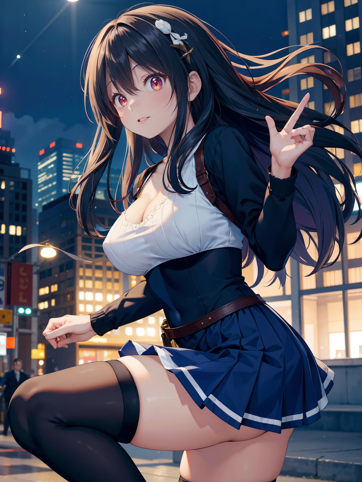 Night Park、high school girl、I'm surprised with my mouth open、Flustered expression、、Large Breasts、Black bob hair、hairpin、Skirt flipped up by the wind、I hastily hold down the back of my skirt、Thin string panties、Pussy juice、Onlookers near the girl、Angle from directly below、