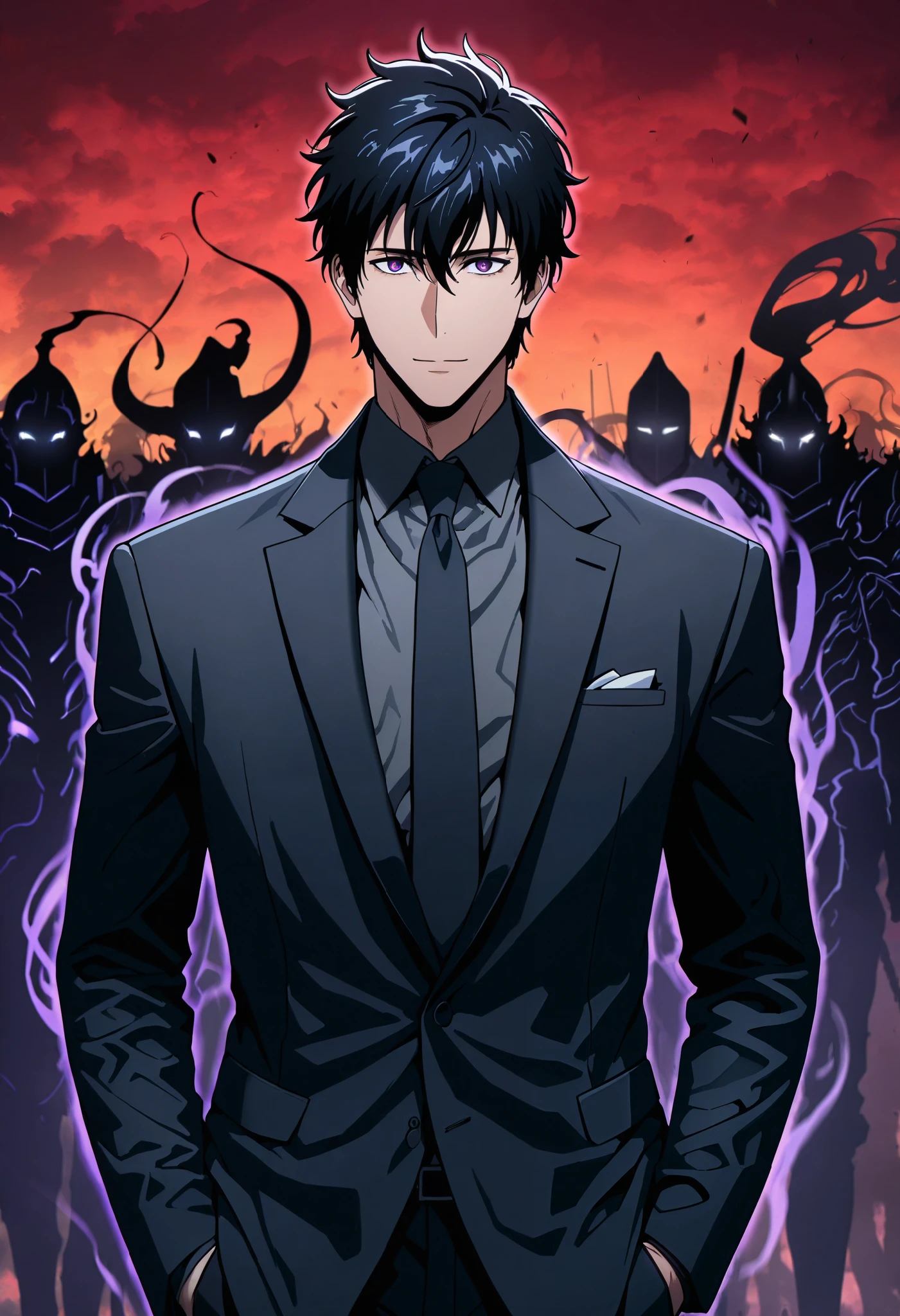 , a boy, Alone , Sung Jin-Woo  \(Alone leveling\), Standing front view, upper body , dark aura, bright eyes, aura, Silhouette,   hands on the pockets,  looking at the viewer,  light smile, Monarch of Shadows, In the background the shadows soldiers of invication,Black Fire , armor, bright purple swordsmen, (He was wearing a black suit:1.2),  black hair,  stylized figure , dark, moonlight, red sky,