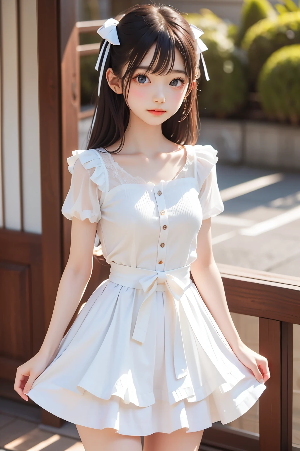 ((top-quality)) ((masuter piece))、intricate-detail、foco nítido、proffesional、Photorealsitic、Real life、surrealistic、photorealisim、Silhouette Light、finely detail、Highly detailed CG Unity 8K wallpapers、erfect artwork、shinny hair、radiant eyes、shinny skin、realisitic、Looking at the camera、No blur、Very delicate and cute、best qualtiy、Cute detailed girl、cute large eyes、Facial Lights、Cinematic lighting、Transparent material、realistic representation of face、(intricate detailes)、no-makeup、(Detailed beautiful delicate face、Detailed and beautiful delicate eyes and face)Detailed skin、Best ratio of four fingers and one thumb、Thin fashion、独奏、(Very young)、Facial Highlights、luxury room、Professional Writing、The top and bottom clothes are white or light colors、Knee shot、Beautiful navel、1人、(Looks under 10 tanding facing the front、Rat trail section、Inseam delta、Bare shoulders and elbows and arms、Chest flat、((flat-chest: 1.4))、女の子1人、Back lighg、Many flowers、((non-blur))、Sunburned skin、小柄、The pelvis is small、Very slender girl、((Very small buttocks:1.4))、((very thin thighs))、(Super beautiful girl with a very young Japan)、small nostrils、Healthy face、Soft lips、pale cherry colored lips、(rather thin eyebrows: 1.4)、shiny large black eyes、(Medium black hair,:1.1)、(Super beautiful girl with cute loli face:1.6)、big、(The corners of the mouth rise:1.4)、((Raise your hands to expose your beautiful armpits))、(1 thin and tight white camisole)、Short length、((light colored short spats that are thin and fairly tight:1.2))、Plump round face、(smile shy:1.8)、cheeks are reddened、Eyes for hollow details、Floating hair、large eyes that are symmetrical、Small protrusions、hair clips、No face makeup、Cool colored outfits for summer、