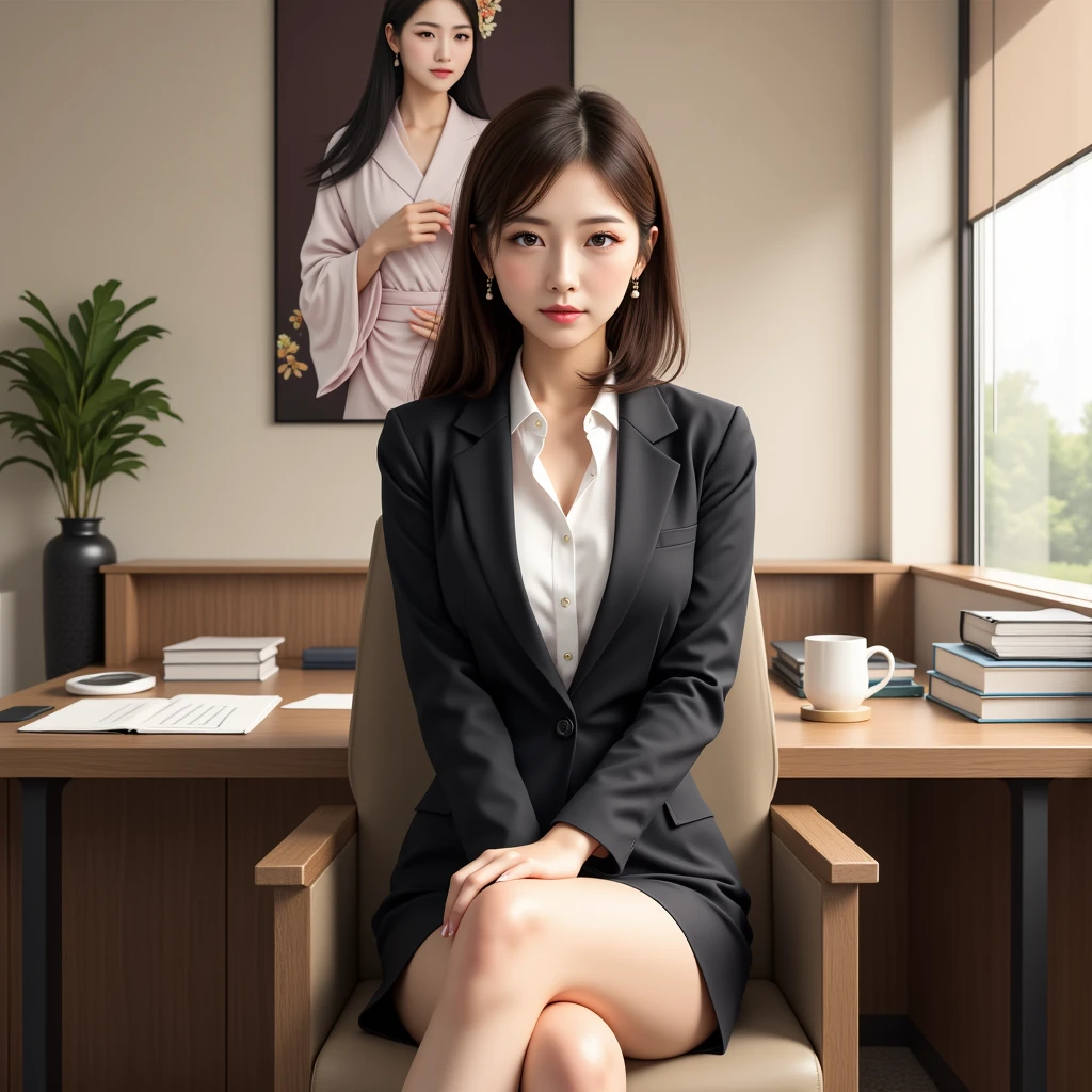 (best quality, masterpiece:1.5), (ultra-detailed, realistic:1.37),4K,(woman:1.5),japanese,cute,beautiful,(silk office uniform:1.2),(skirt:1.2),(black pantyhose),(seiza),(big breast),(see through blouse),(bra),smile,