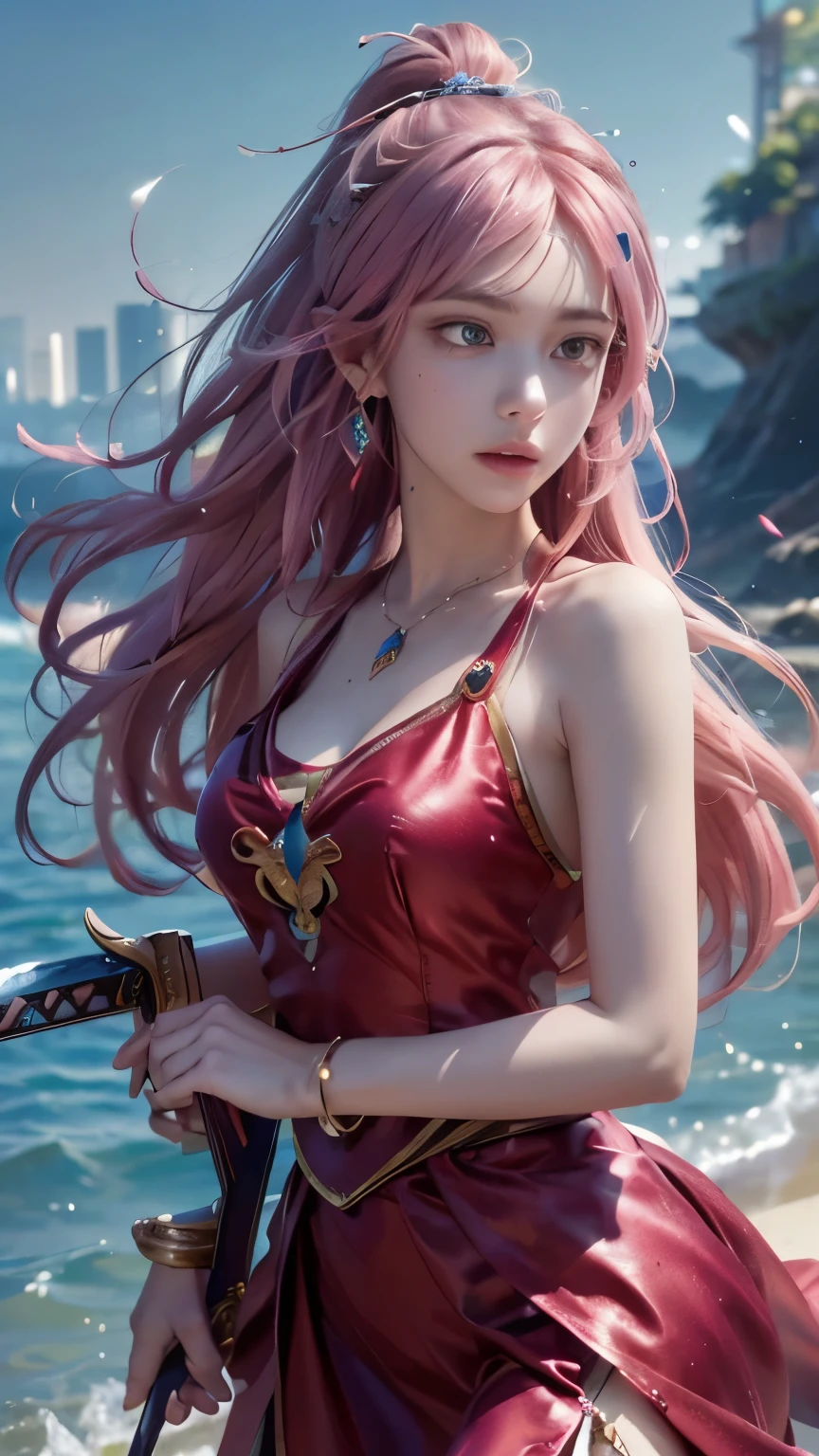 ( logo、masterpiece、8k、Tabletop、RAW Photos、wonderful、最high quality、Photorealistic and very detailed CG integrated 8k wallpaper、high quality、Very detailed、Narrative poem、Particle Effects、Dynamic Effects、Depth of text、Cinematic Light、Lens flare、Ray Tracing)、 fantasy、(One girl, arms, sword , Long Hair, dress, water, alone, jewelry, red dress, Earrings, hair ornaments, water splashes , Ultra-realistic upper body, Hair Bun, Pink Hair, Realistic city background, Lighting,frank