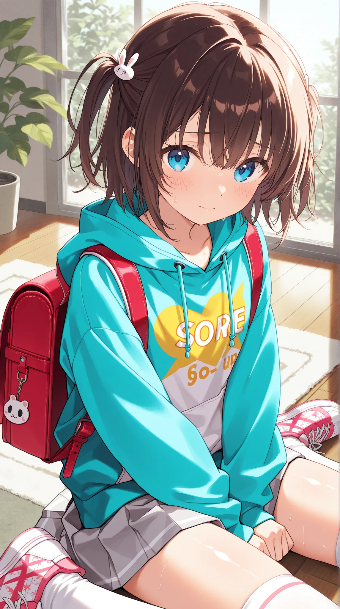 top quality、 Hi-Res, Masterpiece, anatomically correct, High Details , textured skin, one girl ,、small girl, very shy expression :1.2、 mouth、 sky blue eyes, indoor, Shiny dark brown hair :1.3, Hairstyle:medium hair,Hairstyle: half up、 colorful shirt for girls, hoodie with zipper on top of shirt、 Light Grey Pleated Skirt、Pop knee-high socks 、pop pattern sneakers 、 carrying a red backpack 、The shiny pink underwear is slightly visible、 small tits、 Shiny Skin、Glossy skin 、w-sitting, sitting on the floor:1.8、Open your legs wide、 arms are restrained due to sweat、 super detailed eyes、 Very Exquisite Face , very detailed, background、Feminine cute room 、Soft white rug mat 、Sunlight through the window 、Houseplants、 soft textured painting style、Impressive angle of view、cowboy shot