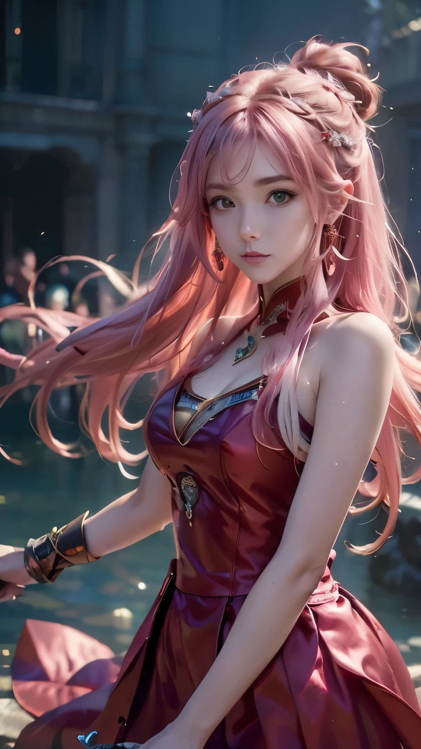 ( logo、masterpiece、8k、Tabletop、RAW Photos、wonderful、最high quality、Photorealistic and very detailed CG integrated 8k wallpaper、high quality、Very detailed、Narrative poem、Particle Effects、Dynamic Effects、Depth of text、Cinematic Light、Lens flare、Ray Tracing)、 fantasy、(One girl, arms, sword , Long Hair, dress, water, alone, jewelry, red dress, Earrings, hair ornaments, water splashes , Ultra-realistic upper body, Hair Bun, Pink Hair, Realistic city background, Lighting,frank