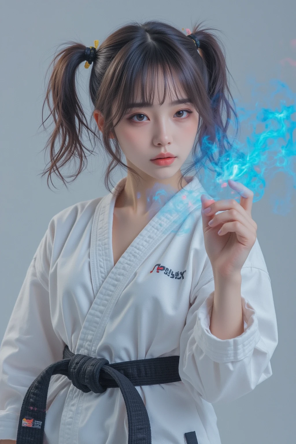 wide angle portrait of a beautiful 20 year old Indonesian girl wearing karate outfit in WARRIOR position, smoke and sparks effect with blue electric light, white and gray background, realistic ultra HD images that are perfect and flawless, rainbow colored smoke, add a spark of fiery red.displays "APRILIA" on his clothes