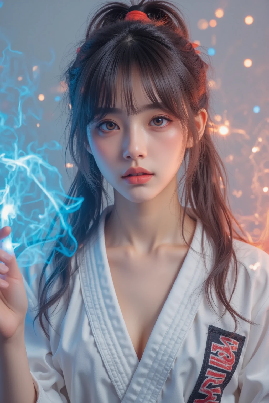wide angle portrait of a beautiful 20 year old Indonesian girl wearing karate outfit in WARRIOR position, smoke and sparks effect with blue electric light, white and gray background, realistic ultra HD images that are perfect and flawless, rainbow colored smoke, add a spark of fiery red.displays "APRILIA" on his clothes