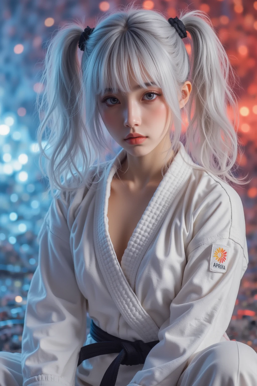 wide angle portrait of a beautiful 20 year old Indonesian girl wearing karate outfit in WARRIOR position, smoke and sparks effect with blue electric light, white and gray background, realistic ultra HD images that are perfect and flawless, rainbow colored smoke, add a spark of fiery red.displays "APRILIA" on his clothes