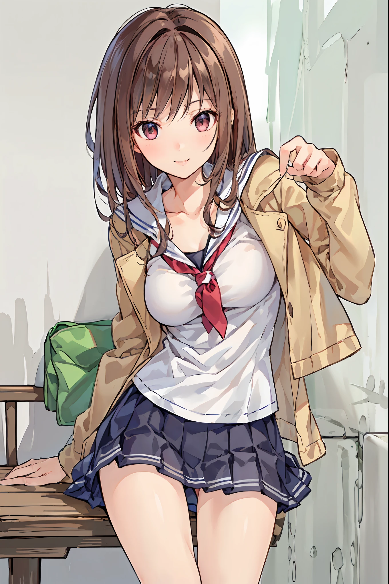 masterpiece, Top Quality, 非常に DetailsなCG Unity 8K壁紙 , Ultra-realistic 8k CG, perfect artwork , Perfect Female Body Type, Dramatic shadows , ( spotlight, viewer , Details light , ((( in the seat))), (( SHARP FACE )), (( brown hair, wave hair)), ((( sexy pose with skirt on top ))), model body type , open your legs wide, big breast , (( cute face)), ( smiles gently: 1.2), ( Asymmetrical hairstyle , beautiful eyelashes ), Beautiful appearance , ( beautiful bust line:1.2), (Chest), beautiful girl, beautiful facial features representing a perfect face, cold, Natural beauty , sweated, slender body, Light and beautiful thigh expression , high school girl, high school uniforms , Winter clothes and coats , pleated skirt , loose socks, in front of a wall full of graffiti , night , ((( Lean against the Wall , standing))), Award-winning photo , Details, realistic light and shadow , 8k resolution, professional lighting , ( Shiny Skin:0.9), Perfect Hands,