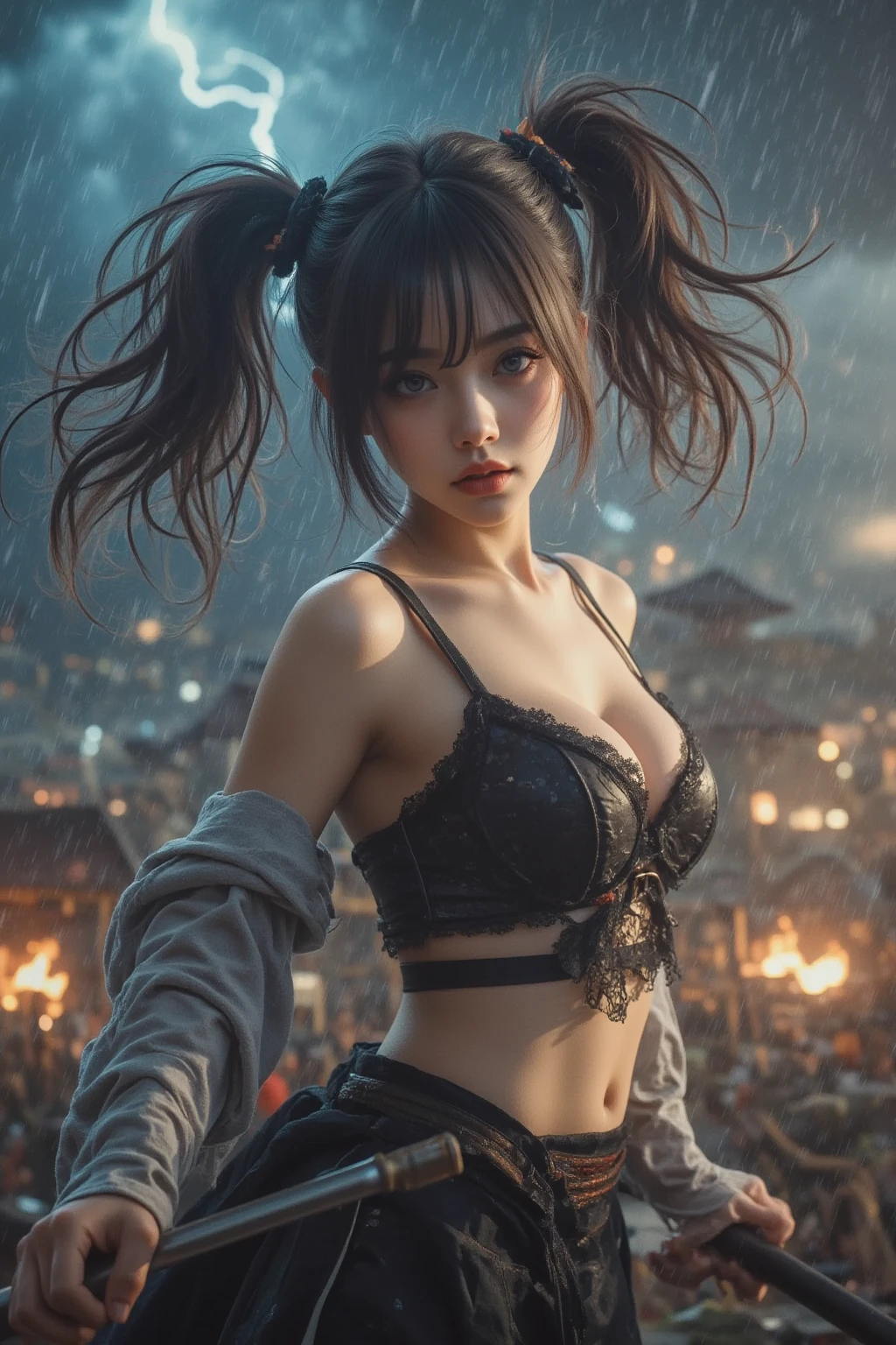 ((nsfw)),(gigantic breast:1)),(masterpiece, best quality),((high resolution 4k)), 1lady, solo, black shorthair, loose waves,pony tails,wet body,water drops on her body,lying down on the ground,in the city.wet transparent cloths,black sheer tank top,black shorts,front view,dynamic camera