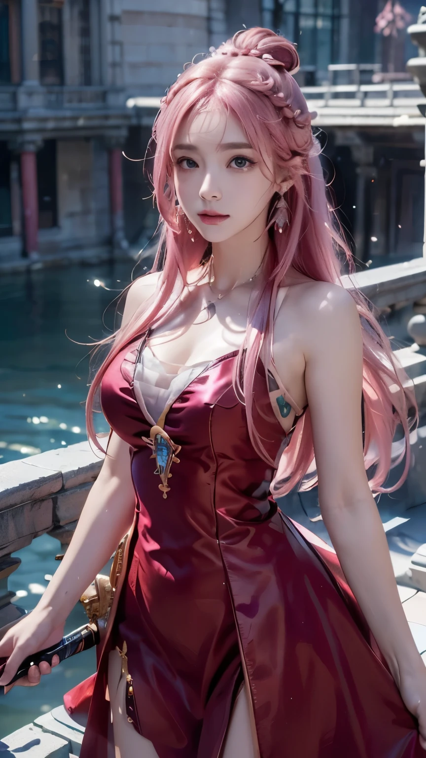 ( logo、masterpiece、8k、Tabletop、RAW Photos、wonderful、最high quality、Photorealistic and very detailed CG integrated 8k wallpaper、high quality、Very detailed、Narrative poem、Particle Effects、Dynamic Effects、Depth of text、Cinematic Light、Lens flare、Ray Tracing)、 fantasy、(One girl, arms, sword , Long Hair, dress, water, alone, jewelry, red dress, Earrings, hair ornaments, water splashes , Ultra-realistic upper body, Hair Bun, Pink Hair, Realistic city background, Lighting,frank