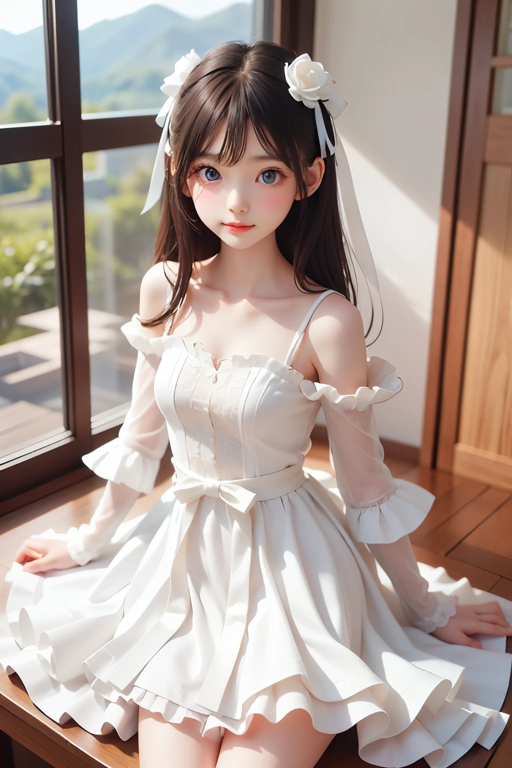 best quality, Masterpiece, Very Cute and Gentle Girl , ( lori), ( White Detailed Princess Dress with Lots of Frills), Symmetrical Beautiful Gentle Eyes , (Beautiful and delicate face), beautiful long hair, Delicate dress, white dress, There is a small ribbon in the middle of the chest, skirts are layered , Young Japanese Girl ,