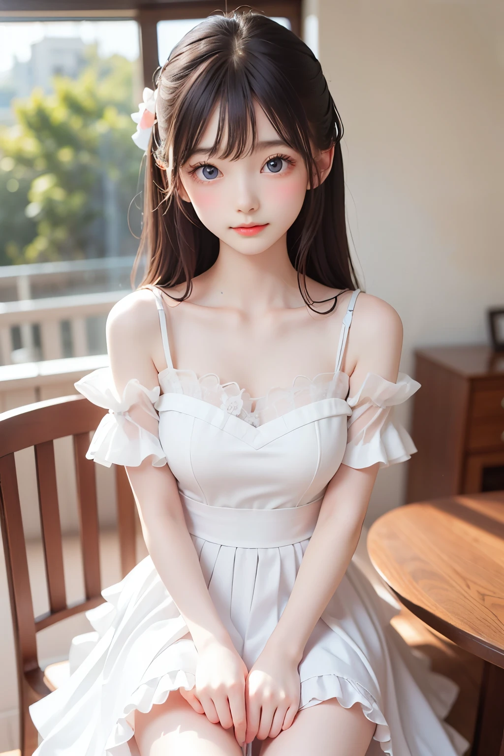 best quality, Masterpiece, Very Cute and Gentle Girl , ( lori), ( White Detailed Princess Dress with Lots of Frills), Symmetrical Beautiful Gentle Eyes , (Beautiful and delicate face), beautiful long hair, Delicate dress, white dress, The skirt is layered , Young Japanese Girl ,
