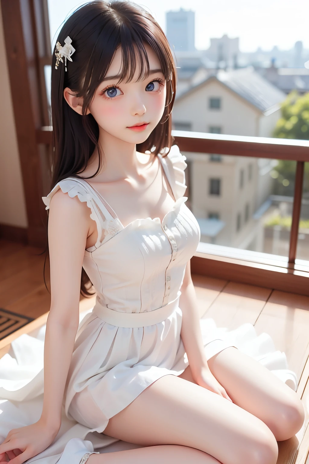 best quality, Masterpiece, Very Cute and Gentle Girl , ( lori), ( White Detailed Princess Dress with Lots of Frills), Symmetrical Beautiful Gentle Eyes , (Beautiful and delicate face), beautiful long hair, Delicate dress, white dress, The skirt is layered , Young Japanese Girl ,