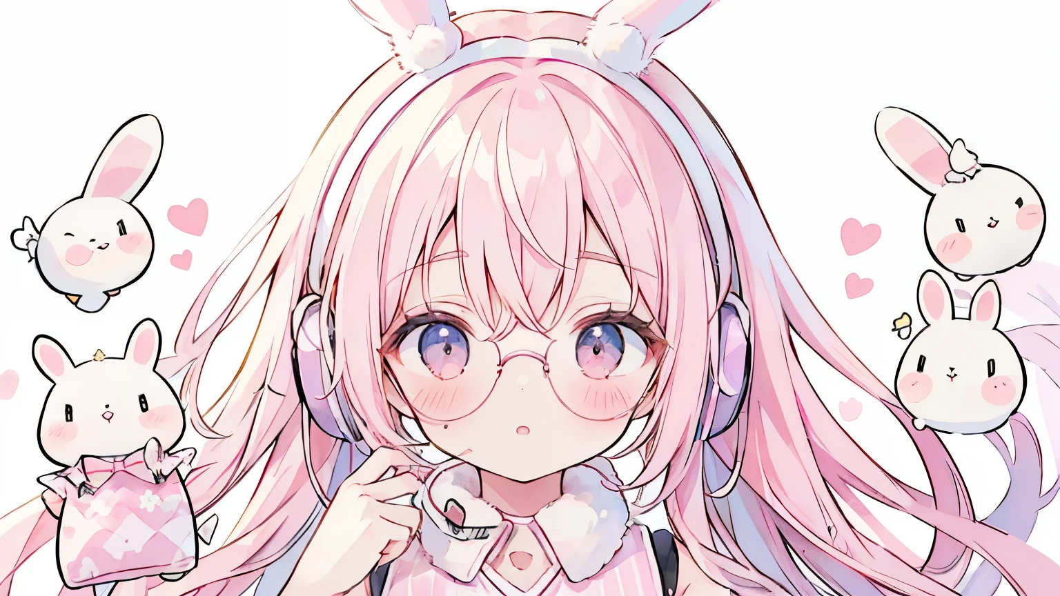  absurd,  Hi-Res, ( anime style :1.1), (( Masterpiece)), (( top quality)), ( super detailed), ( beautiful), beautiful face、(Lift Up),One cute girl、( striped sleeveless shirt) pink and white stripes、((Sleeveless))、 loose fit jacket、pink  loose fit jacket、Pink slippers、(((( Rabbit Ears))))((( upper body))) hair pink 、 pink eye、length、( headphones 、Glasses)