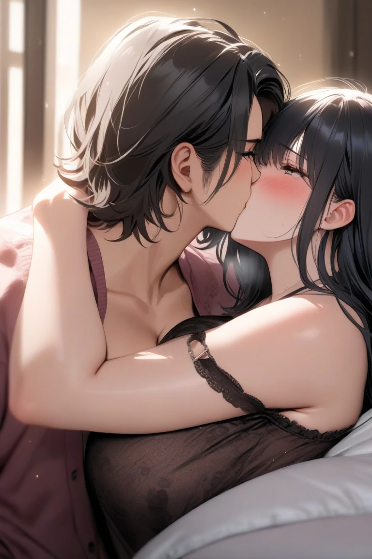 styles, masterpiece, top-quality, Special details, illustratio, Romance, a couple,reddish, tenderness, inner strength,a bed,natta, At night,in night,Love atmosphere white and red tones, Blissful, Girl brown hair, Purple eyes, poneyTail, a couple, date, Profile of a man with black hair,Purple eyes,