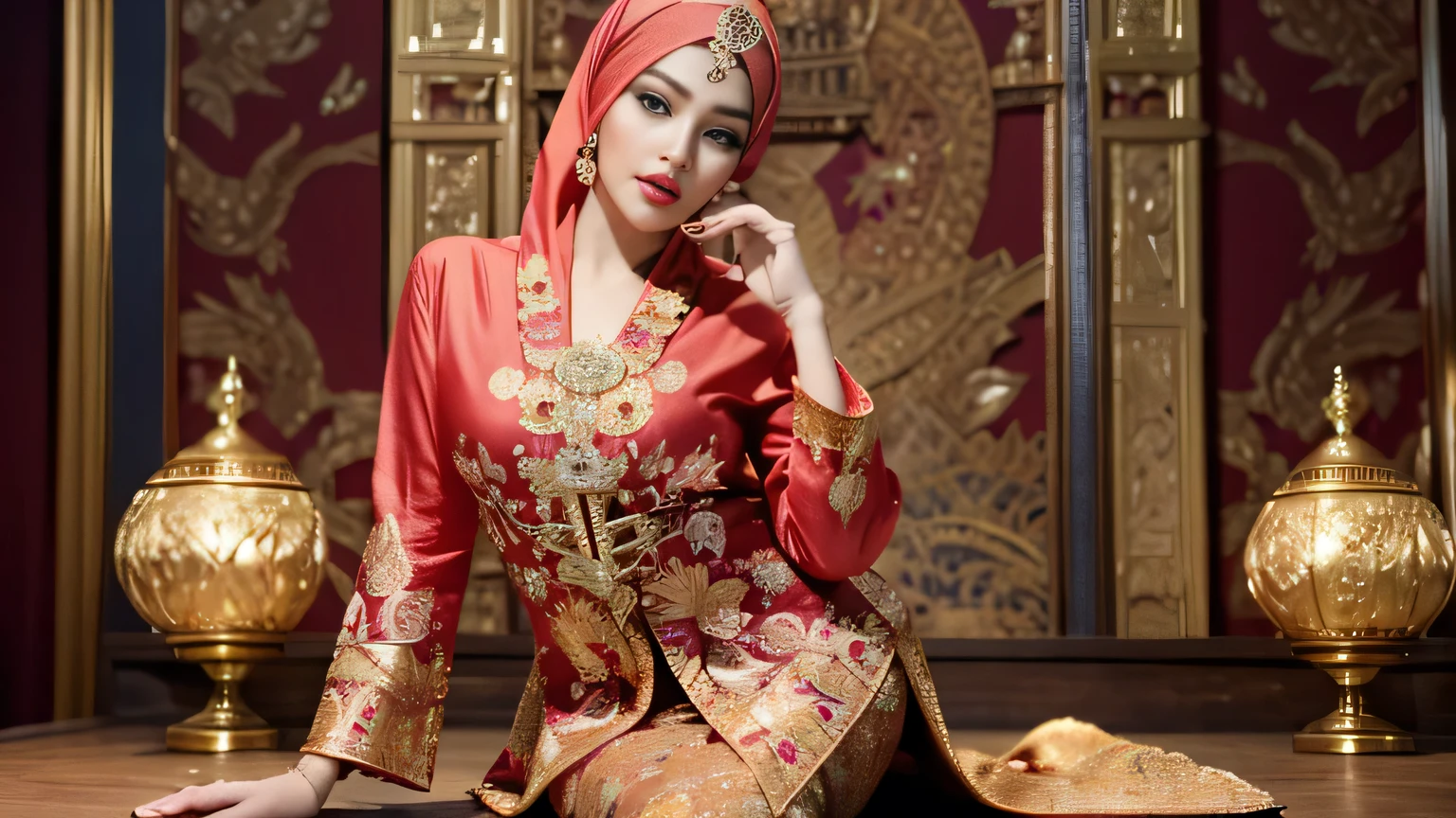 (best quality,4k,highres,masterpiece:1.2),ultra-detailed,realistic:1.37,beautiful and regal Javanese queen with hijab,dark and luxurious palace backdrop,beautiful detailed eyes and face,long eyelashes,voluptuous and curvy figure,exquisite jewelry and accessories,ornate and intricate patterned textiles,dazzling crown and royal attire,golden light illuminating the scene,vibrant and vivid color palette,soft and ethereal lighting,confident and alluring expression,graceful and elegant pose,serene and majestic atmosphere,rich cultural elements and symbols,meticulously captured body contours,subtle and tasteful sensuality,endless attention to every detail,romantic and dreamlike ambiance,artistic interpretation of beauty,stylish and sophisticated composition.