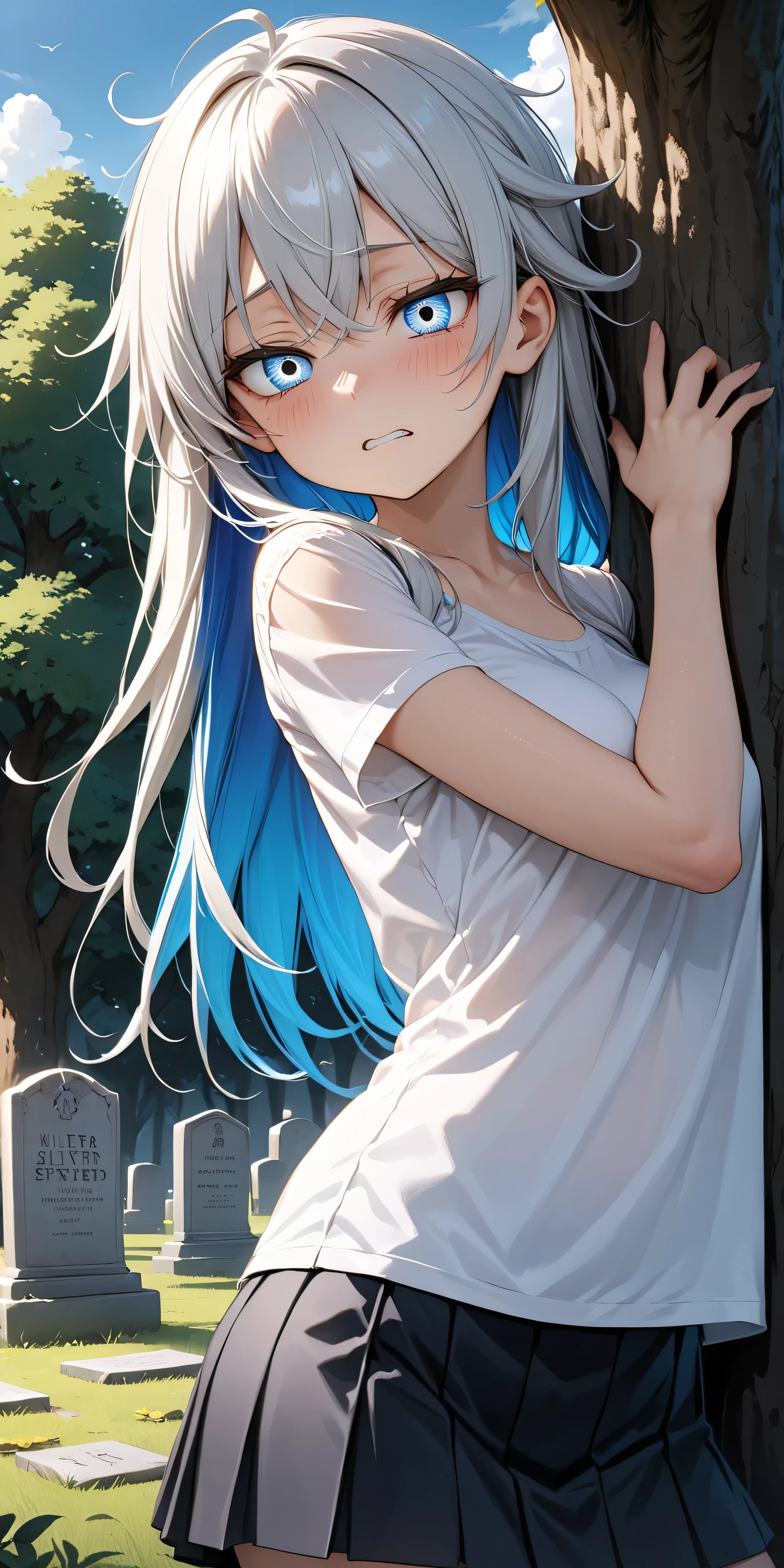 masterpiece, best quality, extremely detailed, (illustration, official art:1.1), 1 girl ,(((( light blue long hair)))), ,(((( light blue long hair)))),light blue hair, , long hair ((blush)) , cute face, big eyes, masterpiece, best quality,(((((a very delicate and beautiful girl))))),Amazing,beautiful detailed eyes,blunt bangs((((little delicate girl)))),tareme(true beautiful:1.2), sense of depth,dynamic angle,,,, affectionate smile, (true beautiful:1.2),,(tiny 1girl model:1.2),)(flat chest) ,,((crying)),((((twitching)))),White dress,gravesite,sunset,from above,viewer holding leash,collar,restrained, handcuffs