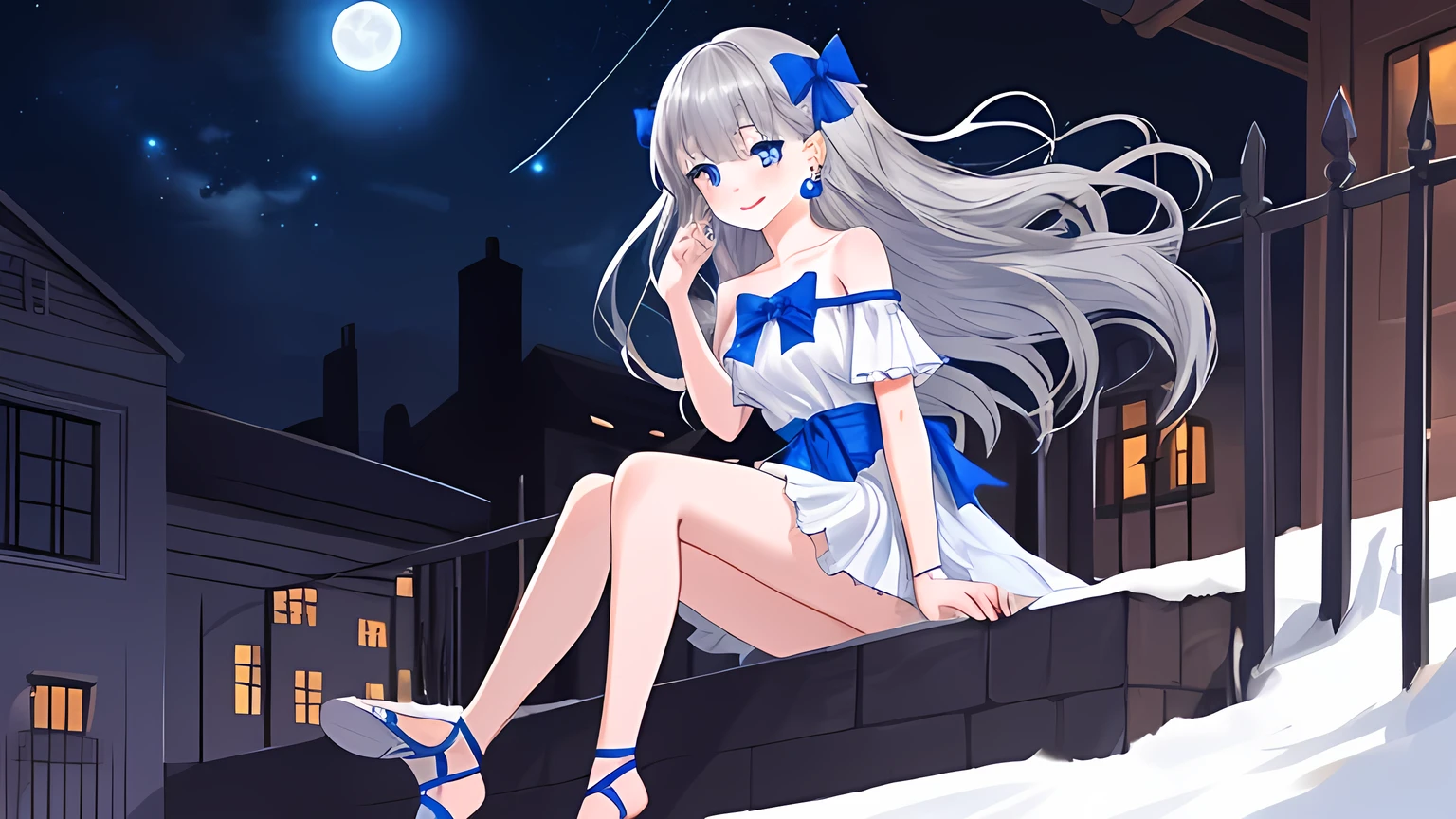 -agerl inheriting the blood of humans and snow women 、 long silver hair、Straight Style 、 Starry Night 、 full moon、 moonlight 、city、 sommer、 Sitting on the porch wall of the house 、 I'm sitting on an iron fence 、 pulling my foot off the fence 、Ice crystals、 Off-the-shoulder white dress with sapphire blue bow tie bow on the chest、 shoulder straps and shoulder straps are decorated on the chest 、 frill skirt、 Pale blue eyes 、 cute、 girlfriend 、 snowflake earrings with detailed background 、The hair is tied on the side with a ribbon hair accessory made of thick sapphire blue cloth , the best smile, , Accurate full body illustration 、 Full body character illustration 、 wearing a light blue mule with strings 。 Tie up your hair , smile。 too much hair , split bang , hair fluttering in the wind, princess cut,