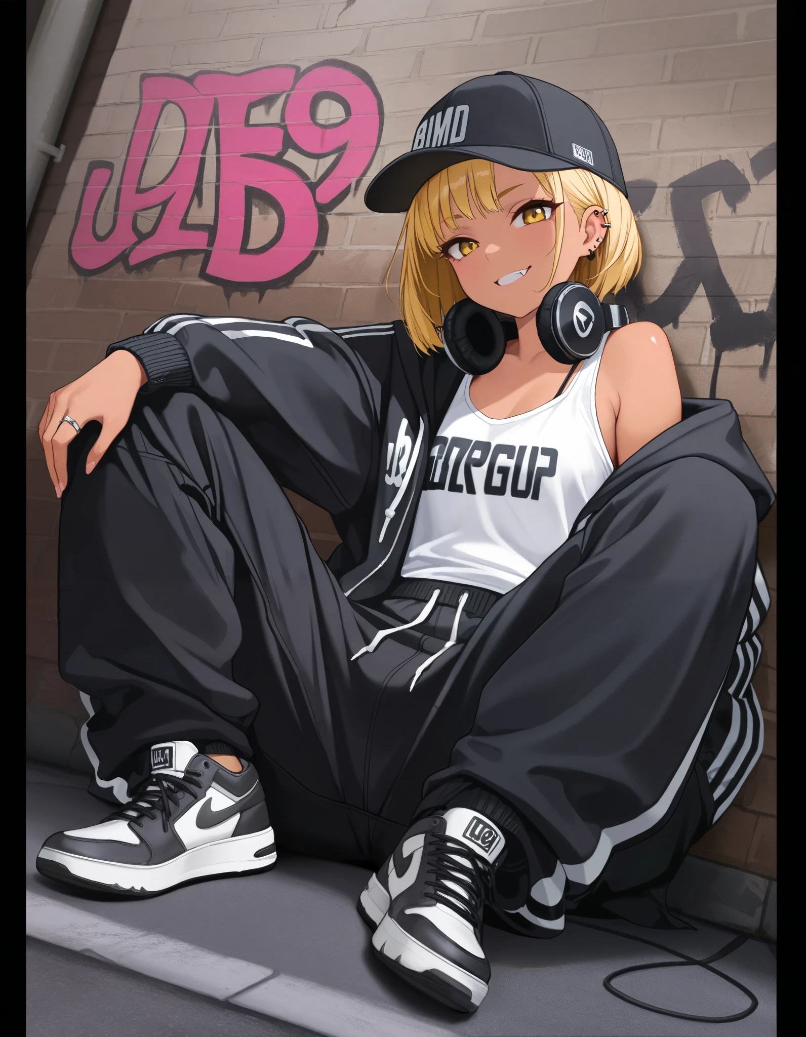 (best quality, highest quality:1.2), masterpiece, top quality, ultra high definition, rich contrasts, HD,8k, High Definition CG Unit Wallpaper, texture , Unbelievably Absurd, ultra high definition, RAW photos ,Deep border 1 .2, very detailed, back alley, ceiling, Sitting one's knees up, spread legs, Leaning against a graffiti wall, dutch angle,
bimbo, cute, streetwear, ((oversized Lower pants, street style, sneakers)), There are many piercings, street cap, put on a off shoulder black open hoodie, headphones on neck, finger ring,
glamorous, grin, fang, yellow eyes, blonde bob hair, tan,