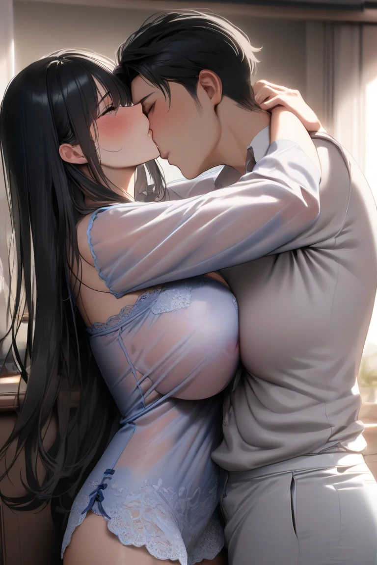 woman sucking penis on bed,hyperrealistic anime,mature seductive woman,shaking effect,black hair,saliva,white sweater,pink long flare-skirt,huge breasts,at bedroom,man and woman on bed,