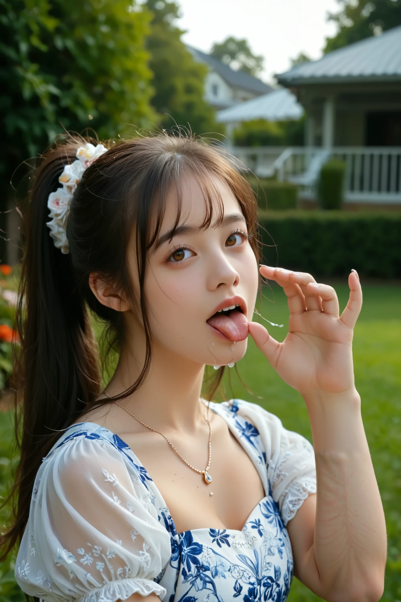 Score_9, Score_8_up, Score_7_up, rating_safe, high resolution photograph, photo-realistic, masterpiece, best quality, intricate details, solo focus, female focus, 1girl in dress, lite-brown eyes, ponytail black hair with bangs, hair scrunchie, (open mouth, tongue, drooling, fellatio gesture), perfect hand, detailed hand, detailed fingers, detailed face, detailed eyes, sophisticated nose, looking at the viewer, joyful expression, profile, outdoors, home, backyard,