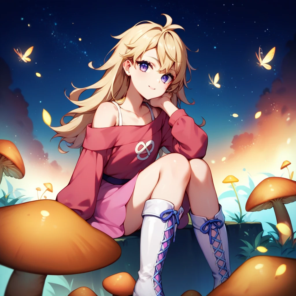 1girl, ppgzmmk, long hair, blonde hair, hair bow, blunt bangs, ponytail, red eyes, bright pupils, super heroine suit with miniskirt ,sneakers, cute, being attacked by vines in dark cave, sit on big mushroom, nsfw, wet body, vines wrap body, creampie,