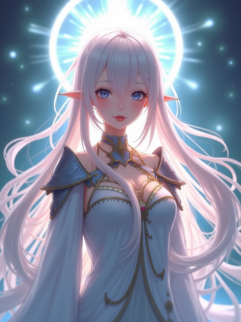 1 elf girl, (beautiful elf lady), elf magician, love and magic, one person solo, (honey blonde hair Gradient sliver white end:1.6), (streaked beige-blue hair:1.4), (absurdly long wavy hair), hair strand, single sidelock, shiny hair, floating hair, (symphony purple eyes), high-detailed and delicate eyes, colourful eyes makeup, red lips, ultra detailed facial, upturned pointy elf ears, porcelain skin, warm tone skin, whole body, extreme detailed, break, 
  Extra long white classic dress, Graphic printing clothes, classic and simple clothing masterpiece, ( _give heart:1.3), several heart swirl around the body, break, 
  Walking on the street, in the cyberpunk future city, looking at the starry night sky, star night, meteor, cloud, neon, heart, detailed background, beautiful background, bloom, break, 
  Full body, photography art, shallow depth of field, clean focus, photo, chiaroscuro, sparkle, Volumetric lighting, [Edge lighting], studio lighting, cinematic lighting, (the art of crossover ancient classics with future technology) , Love theme anime style, award winner illustration,  realism, イーブイの絵, best quality, 8K quality, HDR, UHD, 8K, super detail, masterpiece, highres, curate, retina, perfect CG, CG unity, physically-based render, Octane Render, 3D Render, (realistic, photorealistic, photo-realistic:1.37), ultra-fine painting, sharp focus,