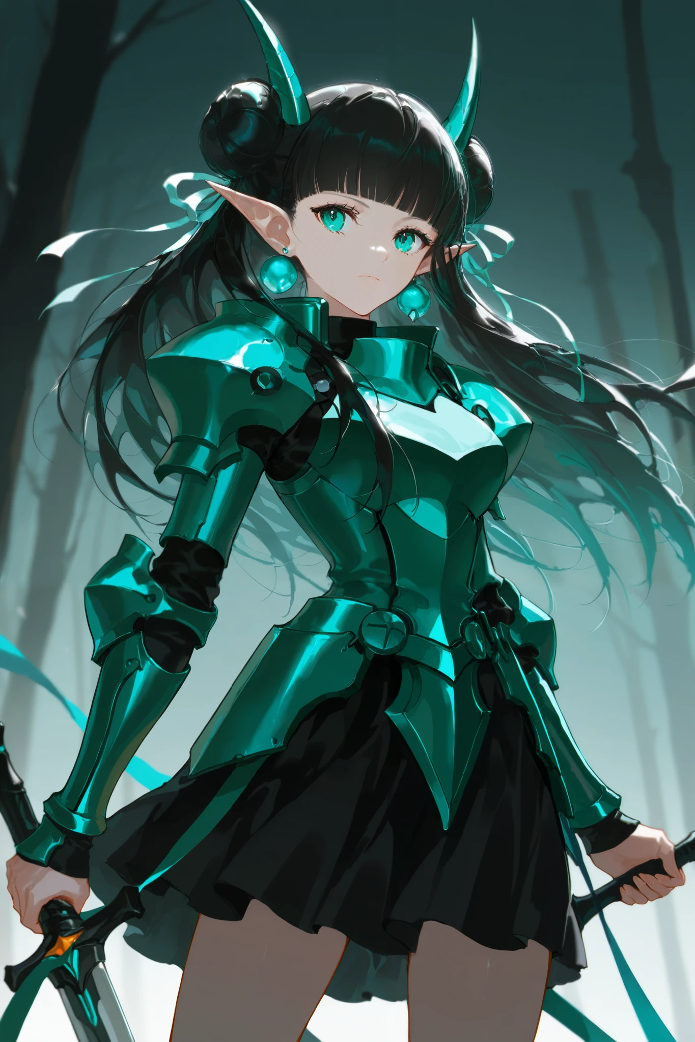 score_9, score_8_up, score_7_up, score_6_up, score_5_up, score_4_up, digital art,
BREAK
(masterpiece: 1.0), best quality, perfect anatomy, perfect composition, perfection, 4k resolution, absurdres, very aesthetic, professional artwork, absolutely beautiful, NishimuraXL,,
BREAK
in the style of ckpf, 1girl, solo, long hair, green eyes, black hair, aqua eyes, fantasya, happy, closed mouth, medium breasts, hair bun, double bun, horns,blunt bangs, looking at object, looking at ethereal sword, holding sword,bend over, amror shirt, armor skirt, long sleeves, ribbon, jewelry, intricate armor, earrings, pointy ears, depth of field, cowboy shot, ,masterpiece,best quality,amazing quality,
masterpiece,best quality,amazing quality