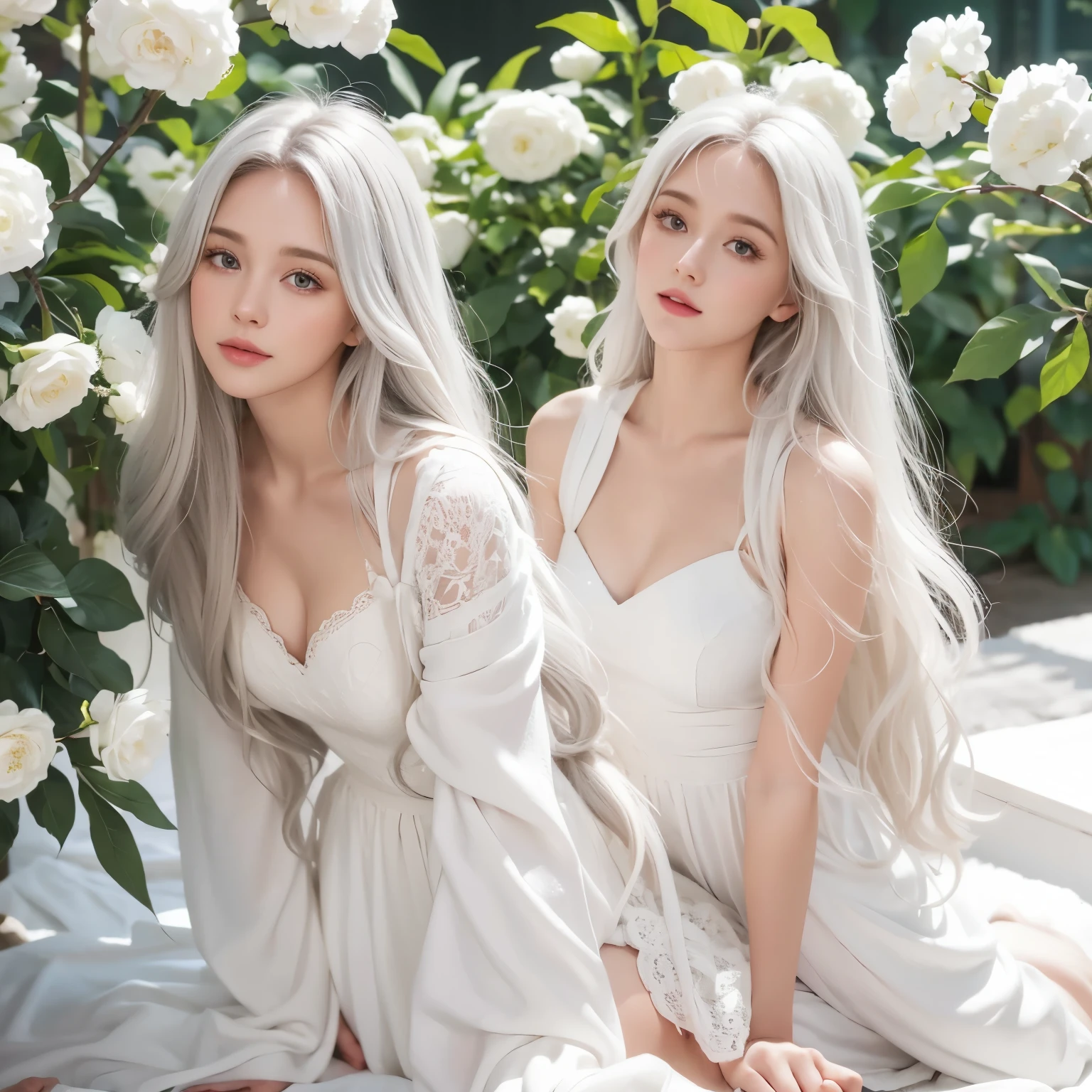 White long curly hair,Natural and beautiful hair,The background is simple, clean and beautiful. White hair. Room. Flowers.
