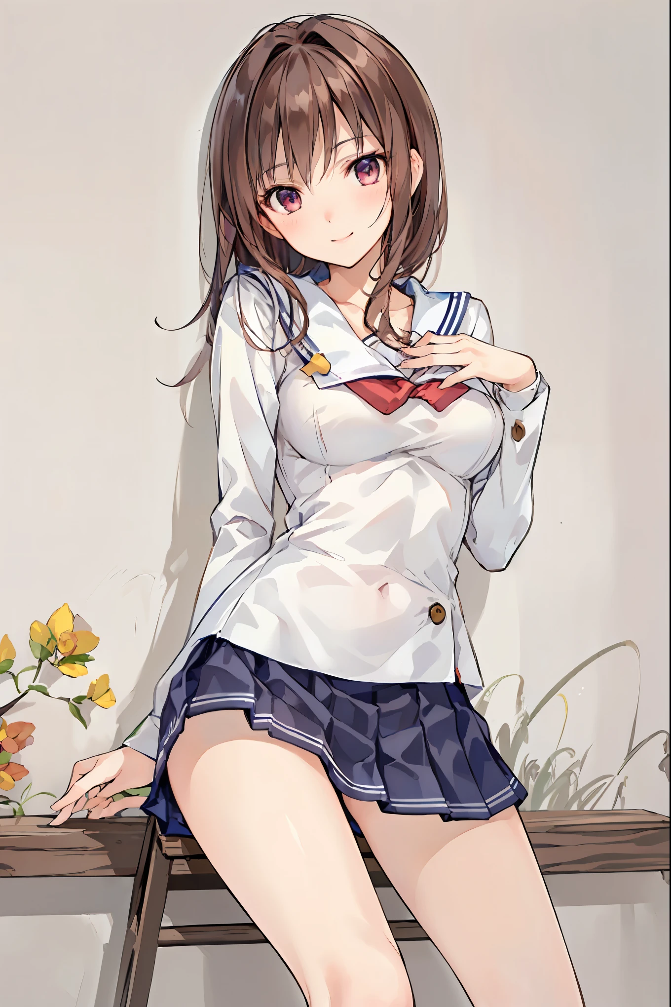 masterpiece, top quality, 非常に DetailsなCG Unity 8K壁紙 , Ultra-realistic 8k CG, perfect artwork , Perfect Female Body Type, Dramatic shadows , ( spotlight, viewer , Details light , ((( in the seat))), (( SHARP FACE )), (( brown hair, wave hair)), ((( sexy pose with skirt on top ))), model body type , open your legs wide, big breast , (( cute face)), ( smiles gently: 1.2), ( An asymmetrical hairstyle that grabs the chest , beautiful eyelashes ), Beautiful appearance , ( beautiful bust line:1.2), (Chest), beautiful girl, beautiful facial features representing a perfect face, cold, Natural beauty , sweated, slender body, Light and beautiful thigh expression , high school girl, high school uniforms , Show me a sailor suit , pleated skirt , loose socks, in front of a wall full of graffiti , night , ((( Lean against the Wall , standing))), Award-winning photo , Details, realistic light and shadow , 8k resolution, professional lighting , ( Shiny Skin:0.9), Perfect Hands,