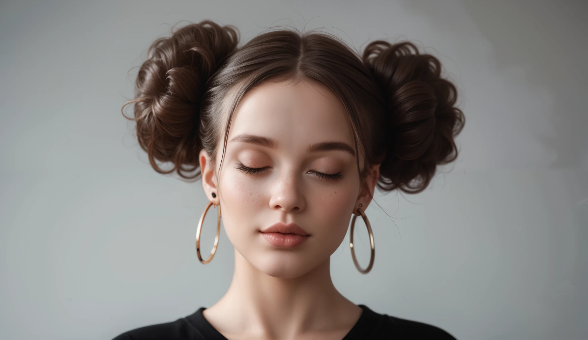 Hyper-realistic digital painting of a young woman with short curly hair styled in a messy bun, with a few loose strands framing her face. Her hair is dark and glossy, with soft highlights adding depth and texture. She has a serene expression, her eyes gently closed, and full lips slightly parted. Her skin is smooth black and white, with a warm medium complexion, a subtle glow, and delicate freckles across her cheeks and nose. She wears elegant hoop earrings and a simple black top that enhances the contrast with her luminous skin. The lighting is soft and diffused, casting gentle shadows that accentuate her features. The background is a neutral gradient, allowing focus on her face. The overall style is a mix of semi-realism and high-detail illustration, with a monochromatic grayscale palette.