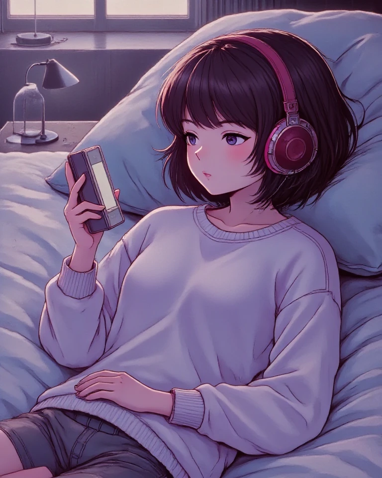 Girl with headphones enjoying music in a home　I am studying　Emphasize a little bit of the big chest　Looking towards me with eyes closed　Night Background