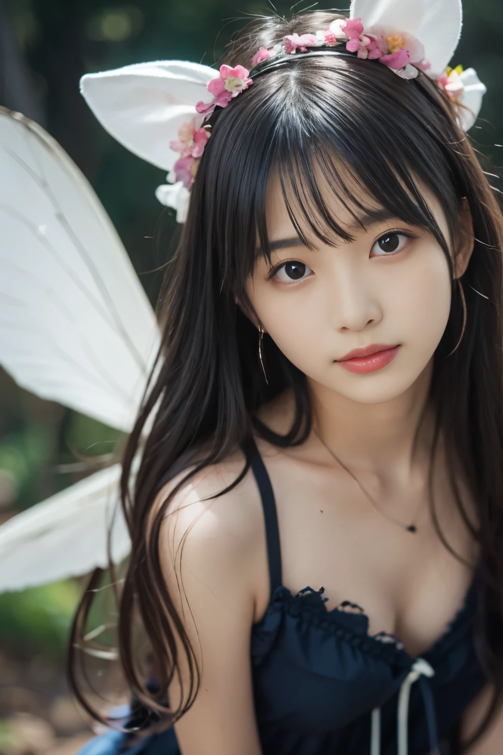 Beautiful fairy, surrounded by fireflies, ethereal and dreamy atmosphere