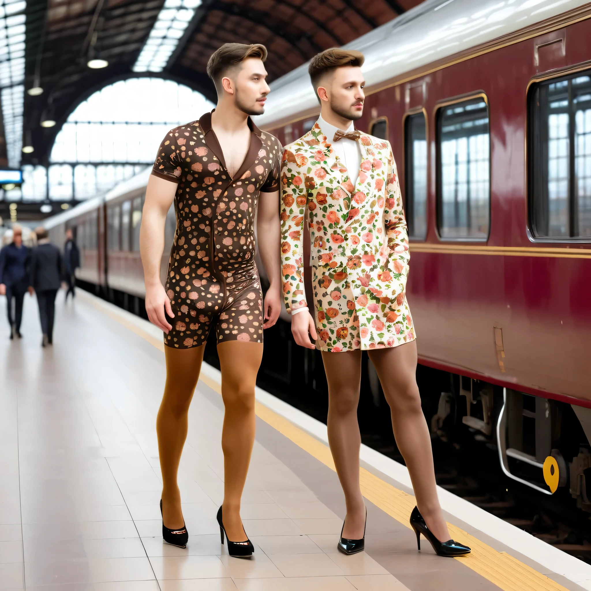 2 male guy persons in light brown pantyhose and flower mini dress and high heels in the interior of the railway station, pantyhose, tights, high heels pumps, male face, no female, no woman