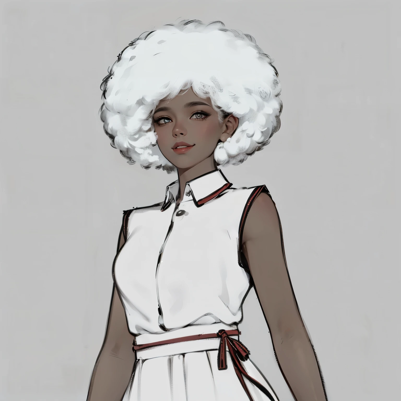 Three unique fantasy themed female portrait full-body artwork, detailed intricate, tanned skin, white very curly hair Afro, beautiful big smile, matured 40 years old woman
