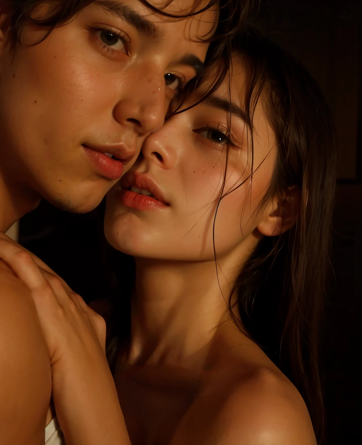 In the crimson room，A bust of a man and a woman hugging together without clothes, 35 mm,Low angle, Photorealistic, ultra-sharpness,ultra - detailed，Capture his melancholy with fluid brushstrokes，The man pinched the woman's neck，The woman holds a knife in her hand