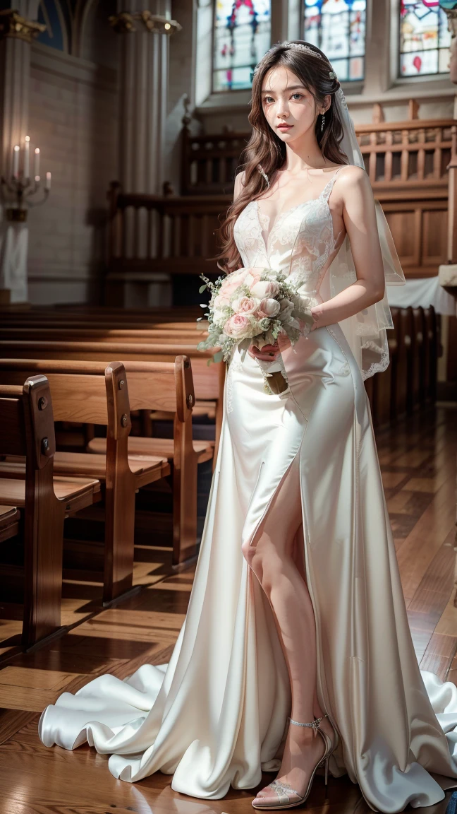 Wedding Gowns,lecture hall,flying white dove,Holding a bouquet of roses,Sacred
