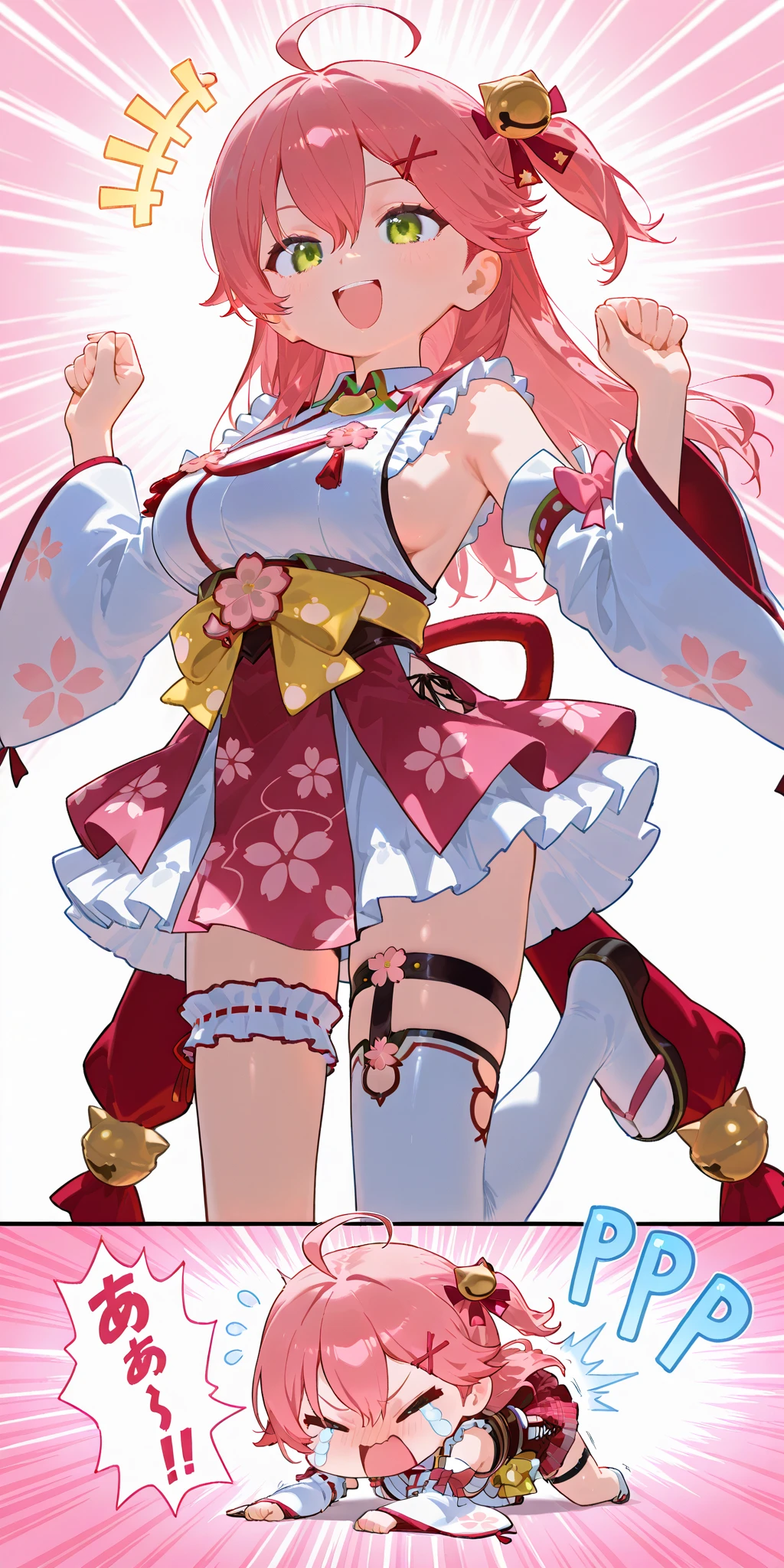 (solo:1.3),1girl\(Sakura Miko\(hololive,vtuber\) ,Mikochi,pink hair,ahoge,green eyes,hair bell,hair ornament,x hair ornament,hair bell,long hair,one side up,floral print,detached sleeves,paw print,paw print pattern,cherry blossom print,sideboob,nontraditional miko, frills, single thighhigh, bridal garter,crying hard,cute,kawaii,(chibi:1.3),happy,mad,mouth open,cute pose, throw (tantrum:1.3),(fussy,cranky),noisy, detailed pupils,restless\),(pop symbols:1.3) (cute background), (comical), (funny, comedy),angled. BREAK .masterpiece, high score, great score, very aesthetic, high resolution, ultra-detailed, absurdres, newest,(sfw:1.5),(sfw:1.5)