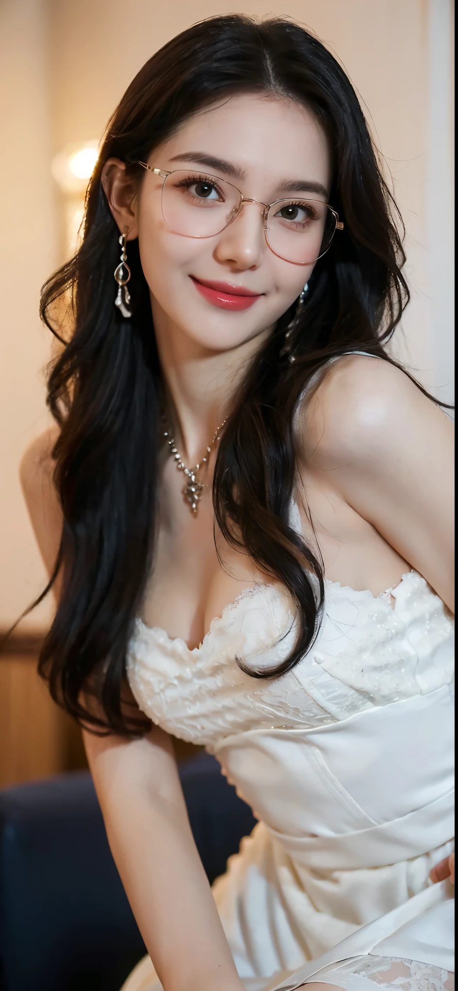 (Canon RF85mm f/1.2), ( 8,000, Original image, top quality), ( masterpiece), (Practical, photograph Practical), (Extremely detailed, high detail, best image quality , Super Fine, high resolution , Very detailed, Extremely detailed的描述, very good, Extremely fine and beautiful work), beautiful and delicate girl, Solo Girl , (( Perfect Fit)), Very detailed eyes and face, White Skin, Noble and beautiful, (( delicate skin texture , Pores)), perfect anatomy, delicate beautiful body , delicate face , slim abs , Slim waist), Big Butts, ( big chest , Breast enlargement ), ( Cleveland ), (An affectionate gaze at , Soulful eyes, glowing eyes), ( beautiful clear eyes ), (Bounce Curly Messy Long Hair), ( Smile:1.2), (Fascinated expression), ( Charming Appearance ), ((Low-cut,Wedding Dress,No suspenders , reveals your shoulders )), ((Tight Fit)), (( lace stockings )), ((Wearing glasses)), earrings, necklace, ((night)), ((Street View, moonlight)), physical rendering , Realistic lighting , ((( upper body))), (( looking at the audience )), ((permanent)), ((Happy and shy))