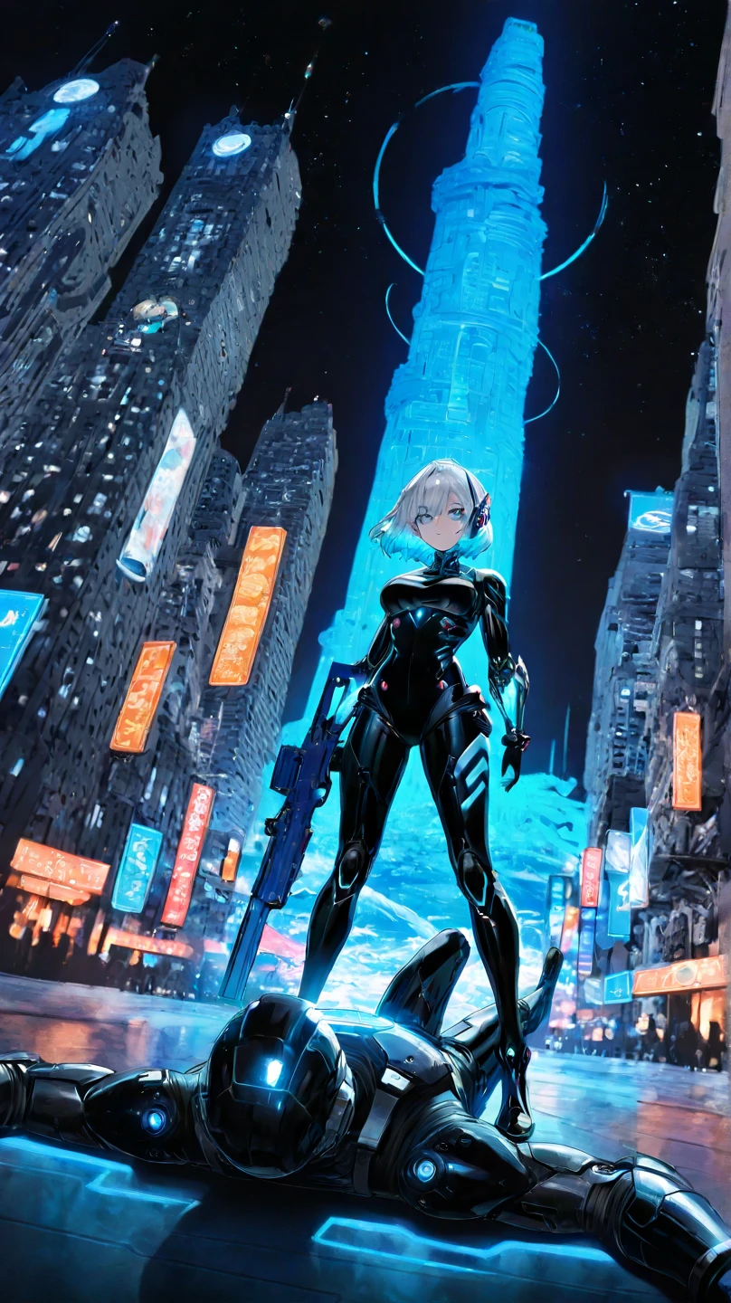 Cyberpunk, anime like, full body, purple hair, woman, city at night, vaporized background, blue backlight, sci-fi swim suit, swim suit tech , downtown, photo of body, sexy , Bob cut hair, white hair --auto --s2